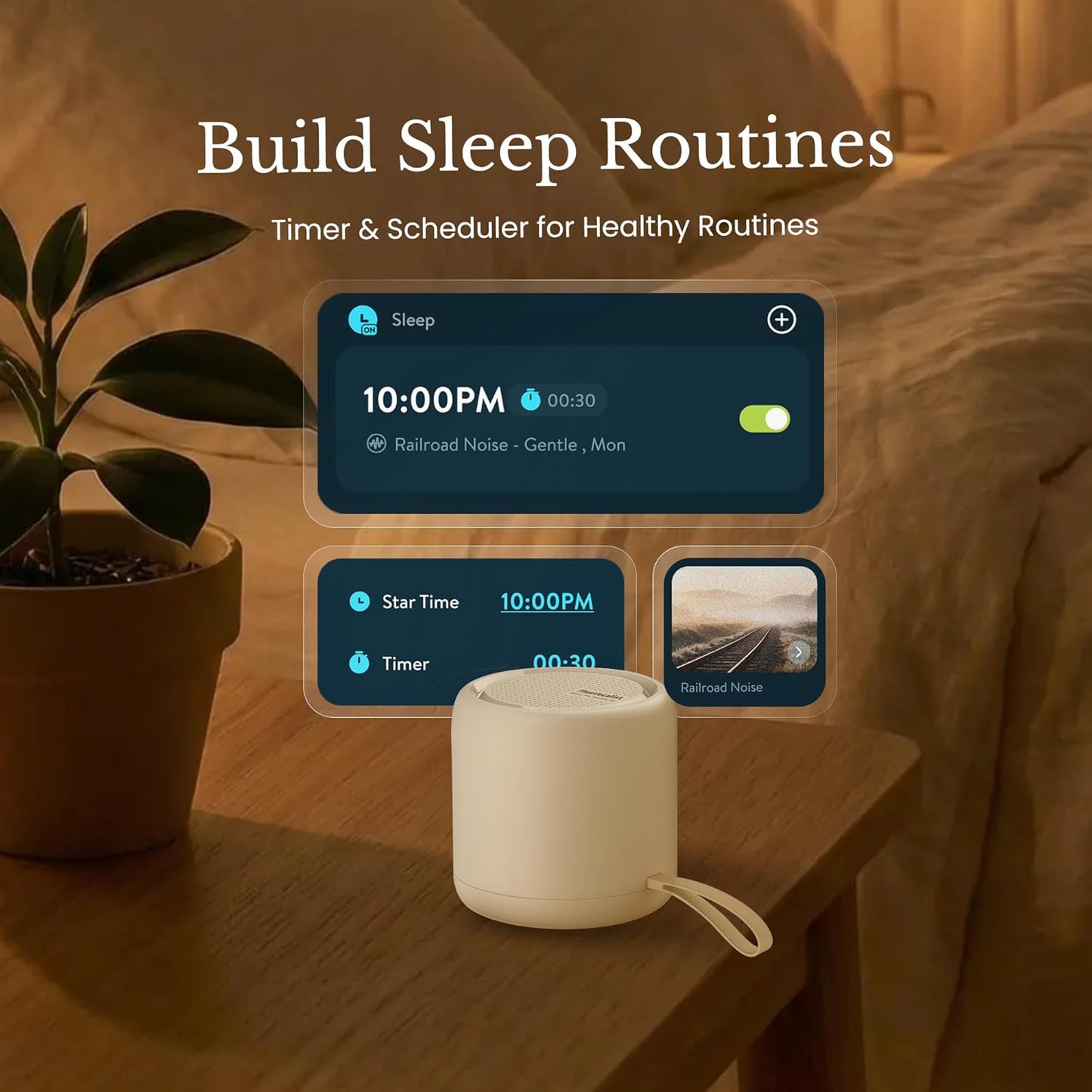 White Noise Sound Machine & Alarm Clock: Color Noises and Custom Soundscapes, App Control, Sleep Schedule, Multiple Alarms, 100 Volume Levels, Built-in Battery