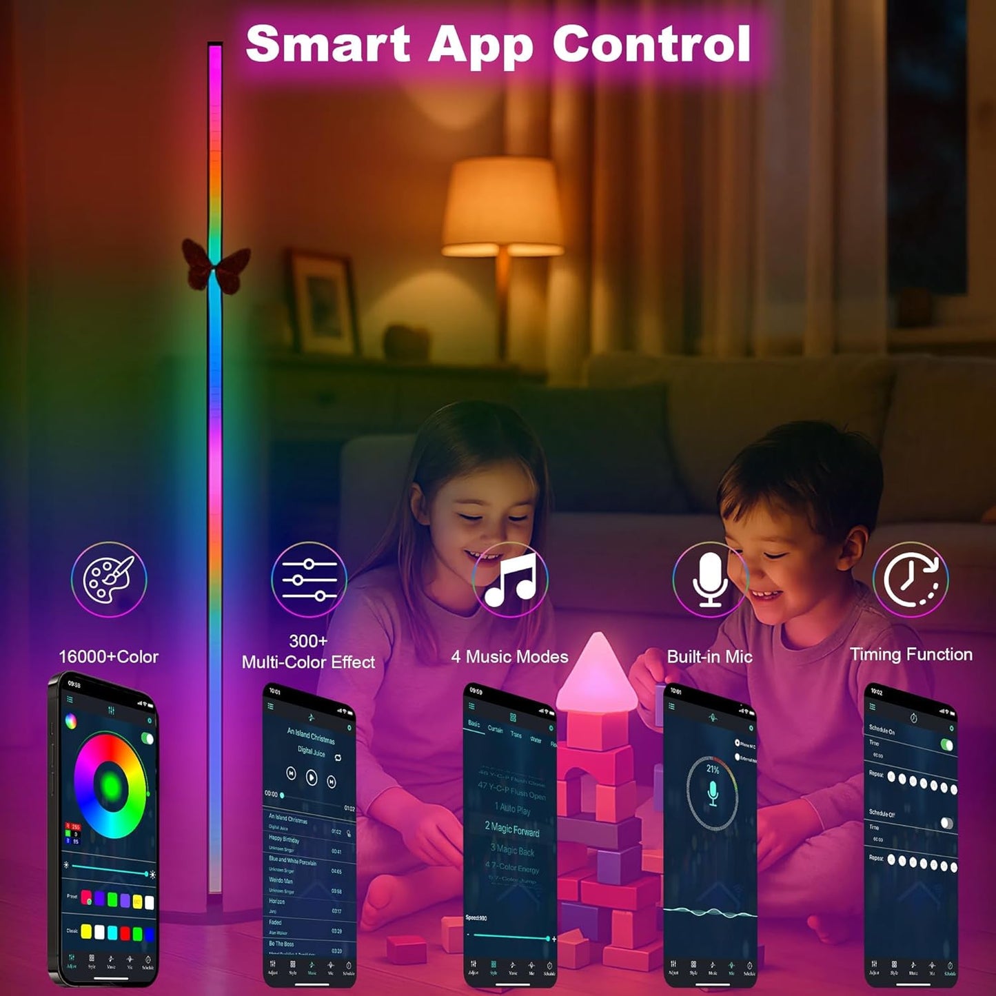2 Pack Corner Floor Lamp – 57'' Tall RGB Lamp Modern Mood Lighting with 88 LEDs, Bluetooth App Control, and Sturdy Base for Effortless Setup