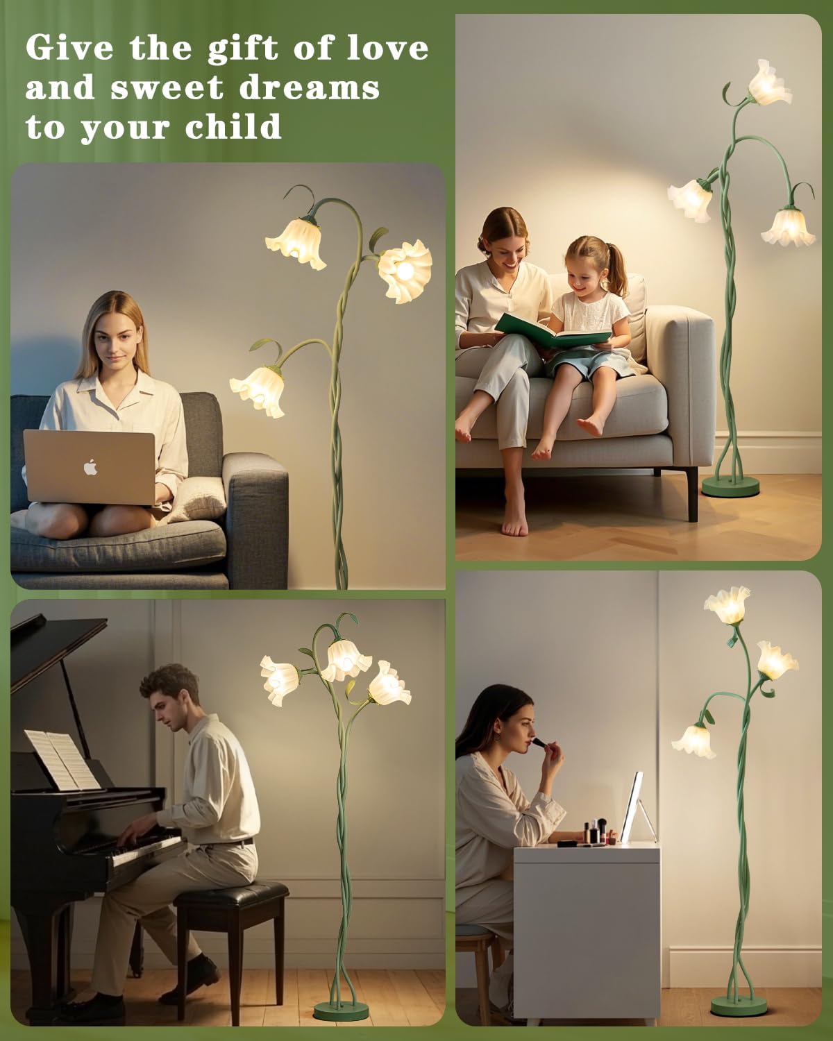 Flower Standing Lamp for Living Room, LED Floor Lamp with Flexible Neck,3 Color Temperatures Adjustable Vintage Tall Lamp for Home Living Room Corner (Green)