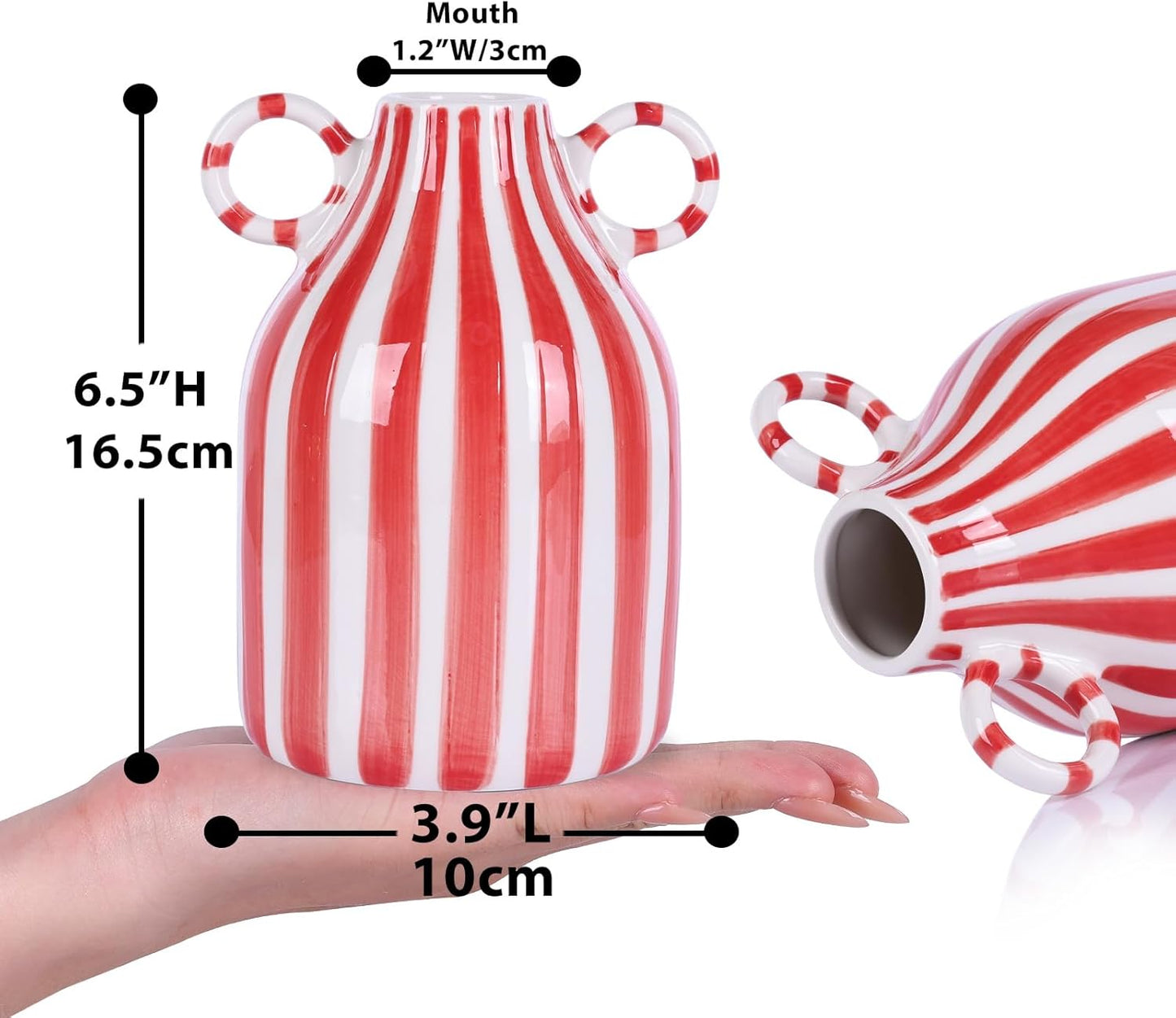 Ceramic Red and White Striped Vase with Handle, Modern Minimalist Christmas Accent Decor Home for Centerpieces for Tables, Kitchen Office, Bookshelf, Bedroom Aesthetic Decor (Red White)