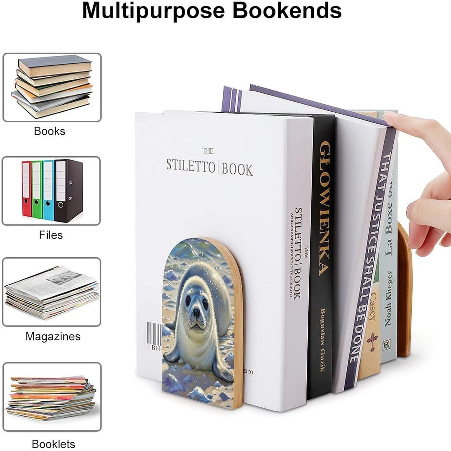 Harp Seal Painting Bookends 1 Pair Heavy Duty Book Ends for Shelves Non-Skid Bookend Supports Wooden Book Holders with Metal Base Desk Organizers Books Storage to Hold Books