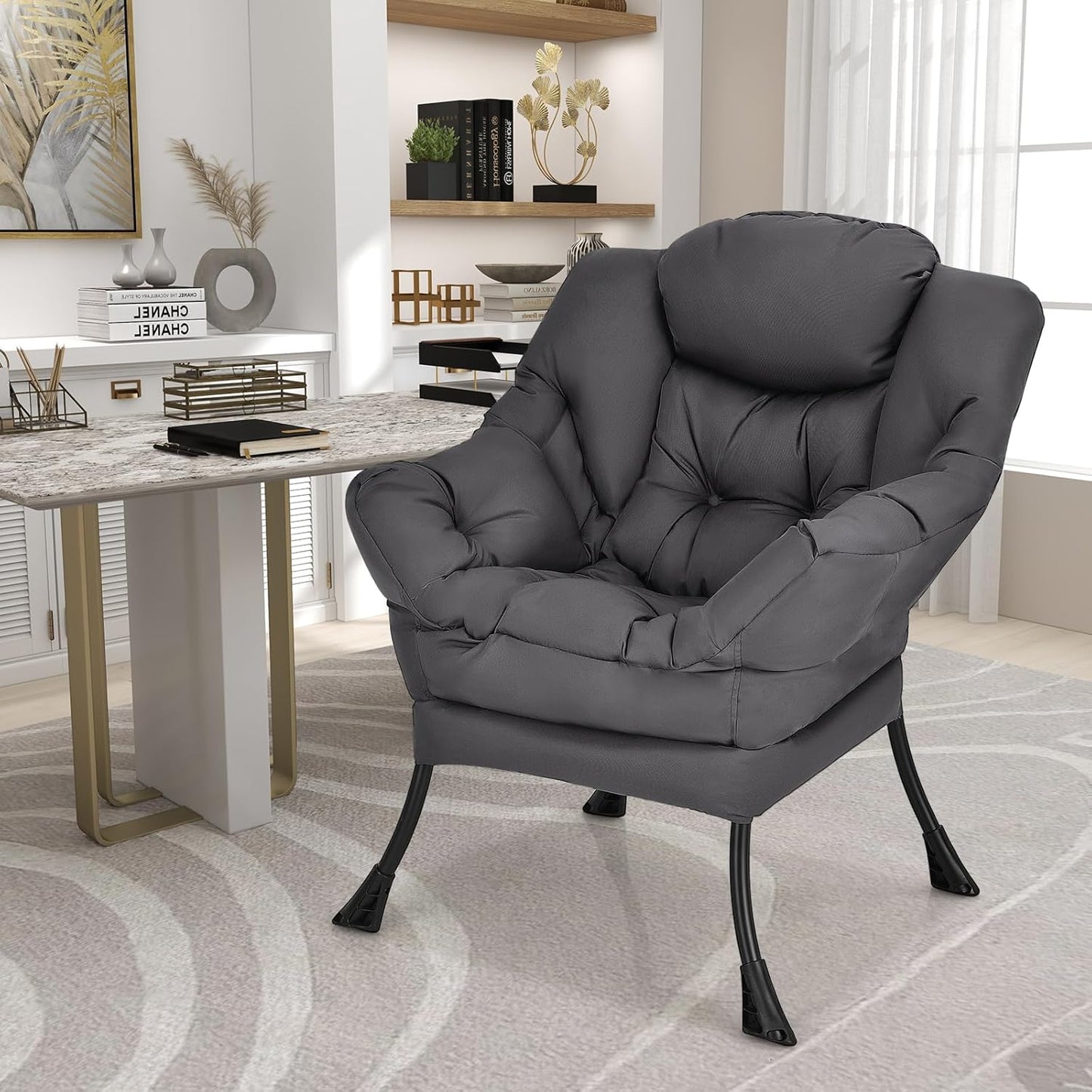 GORELAX Modern Lazy Chair,Upholstered Lounge Accent Chair, Single Leisure Sofa Chair with Armrests & Side Pocket, Comfy Reading Chair for Bedroom, Living Room, Dorm Room (Grey)
