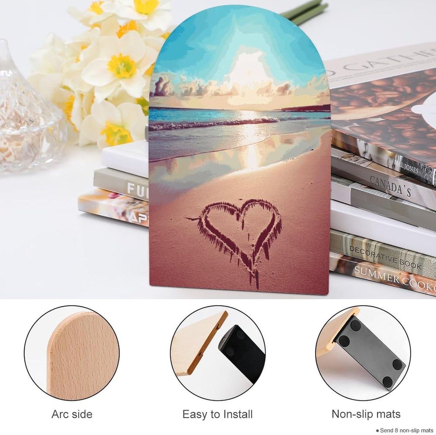 Love Beach Bookend for Shelves Wooden Book End Large Size Sturdy Book Holders Stoppers with Metal Base for Bookshelves Slick Decorative Bookends Stands