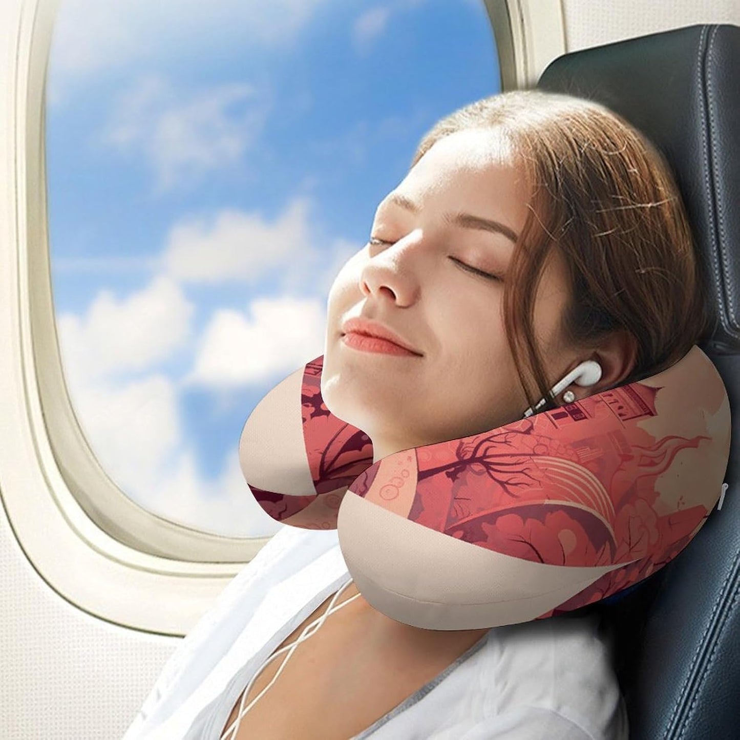 Chinese Architectural Patterns Neck Pillow Memory Foam U Shaped Pillows Portable Pillows for Shoulder Travel Head Support Pillow with Concealed Zipper for Airplane Car Home Office