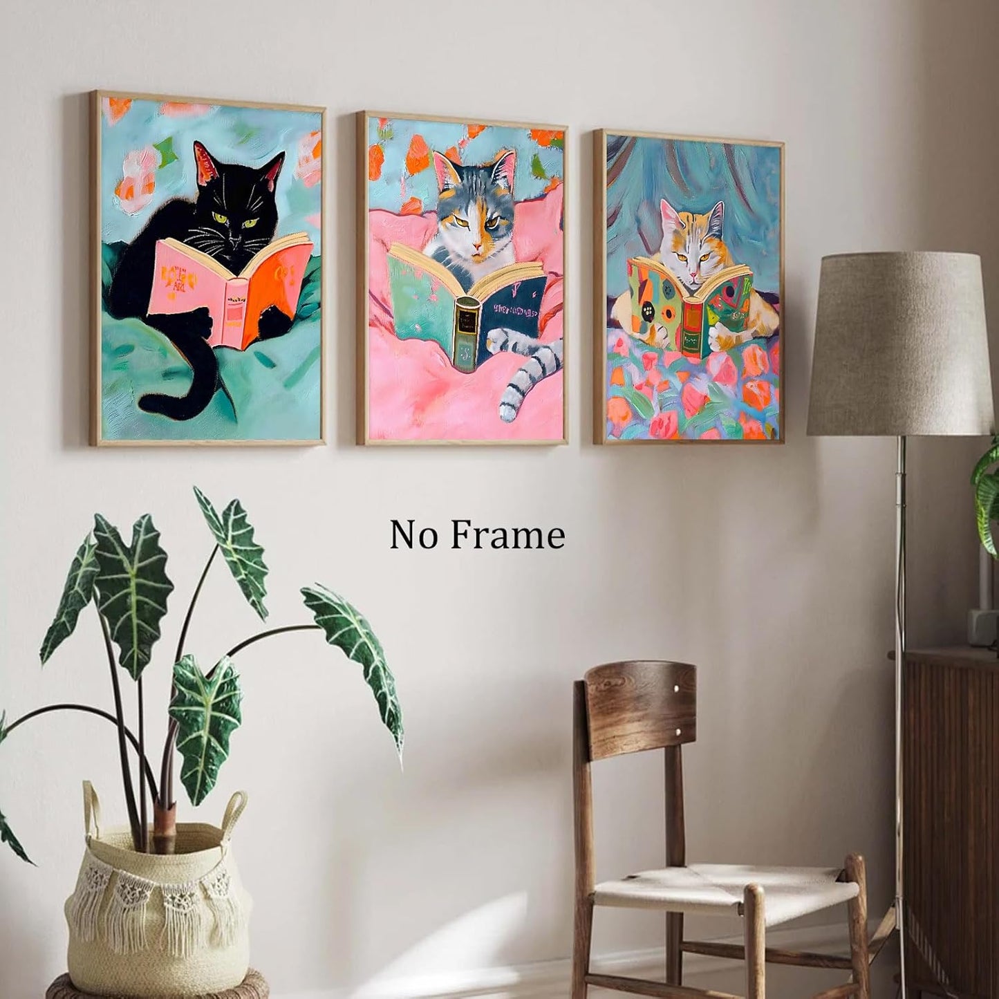 Cat Reading Book Picture Cute Cat Posters Vintage Cats Reading Books Canvas Wall Art Aesthetic Animal Print Pink Funny Animal Poster Pop Wall Art Cat Preppy Black Cat Wall Art 16x24inchx3pcs No Frame