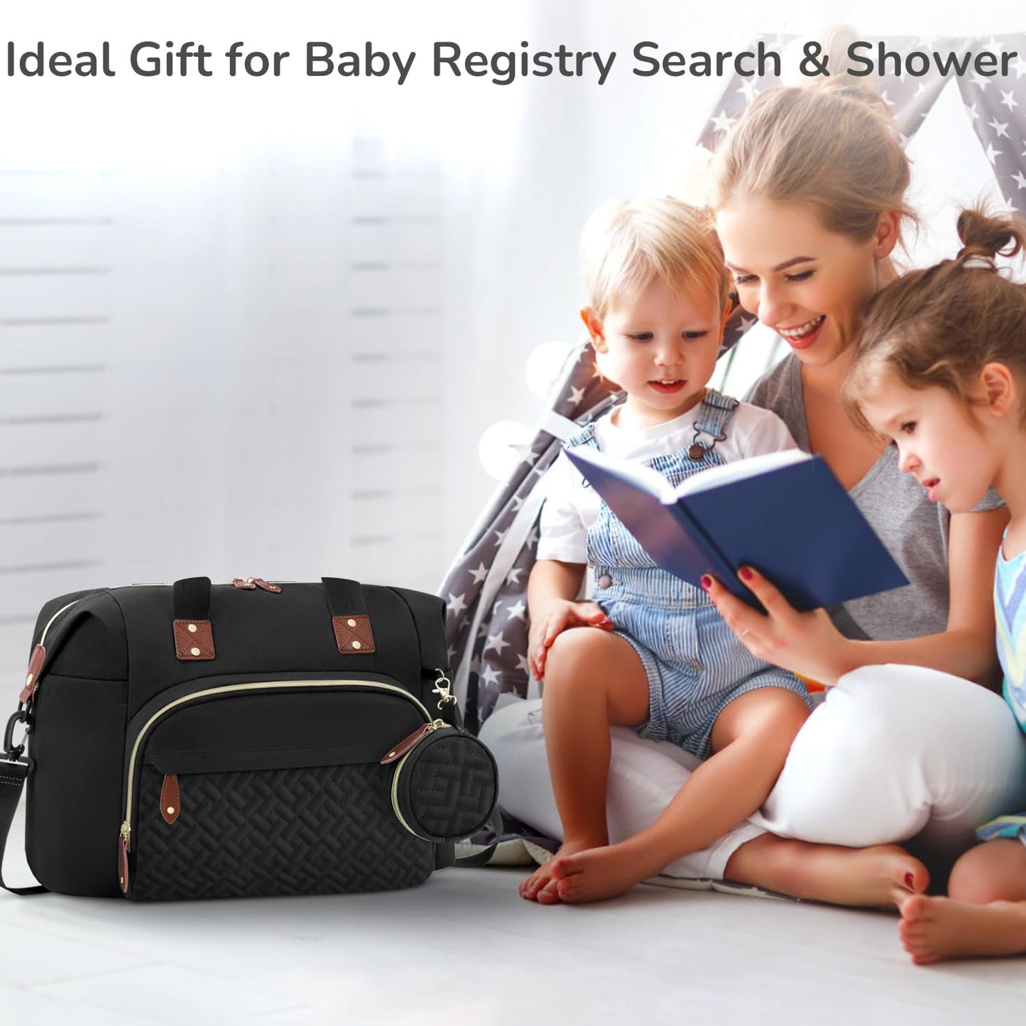 Diaper Bag Tote with Pacifier Case, Baby Bag for Women with Shoulder Straps, Travel Diaper Tote for for Mom and Dad Medium Size, Black