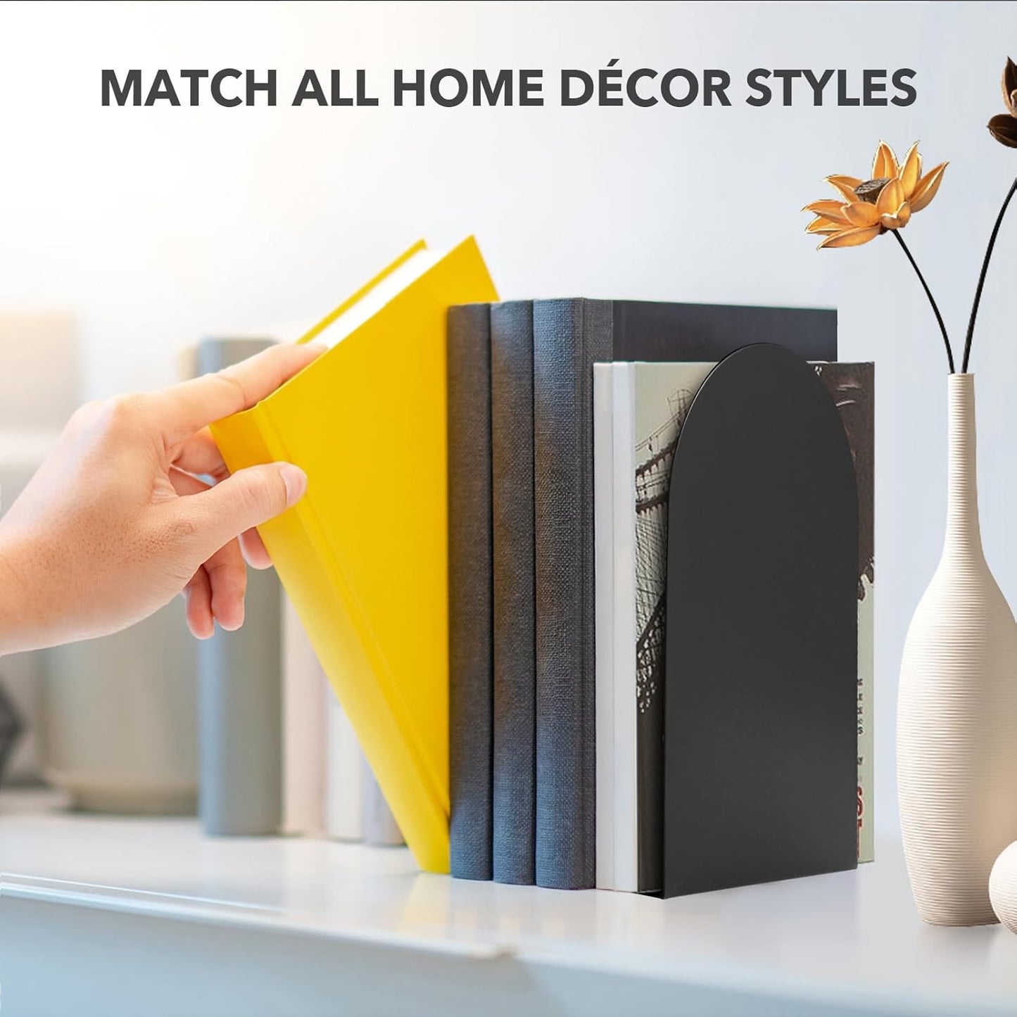 Metal Book Ends for Shelves - 6Pcs Bookends for Heavy Books Non-Skid Decorative Book Stopper to Hold Books/CDs for Home Office School and Desktop Organizer, Black