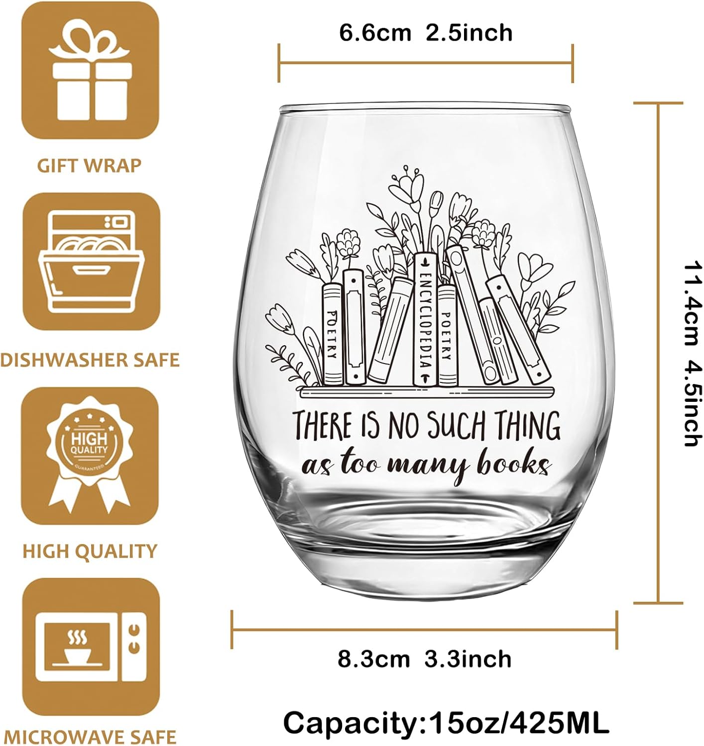 There Is No Such Thing as Too Many Book Wine Glass Gifts for book lovers Women, Funny reading Bookish Bookworm Glasses For Her, Best Christmas Birthday Reading Day 15oz wine glass for Female Readers58