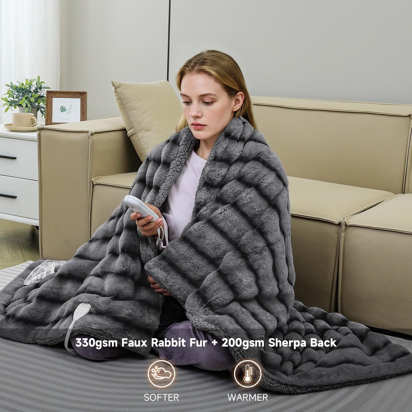 Heated Blanket Electric King- 100"x90" Soft Thick Faux Fur Electric Blanket for Sofa with 5 Heat Levels & 10 Hours Auto-Off Overheat Protection, Warm Cozy Gifts, Grey