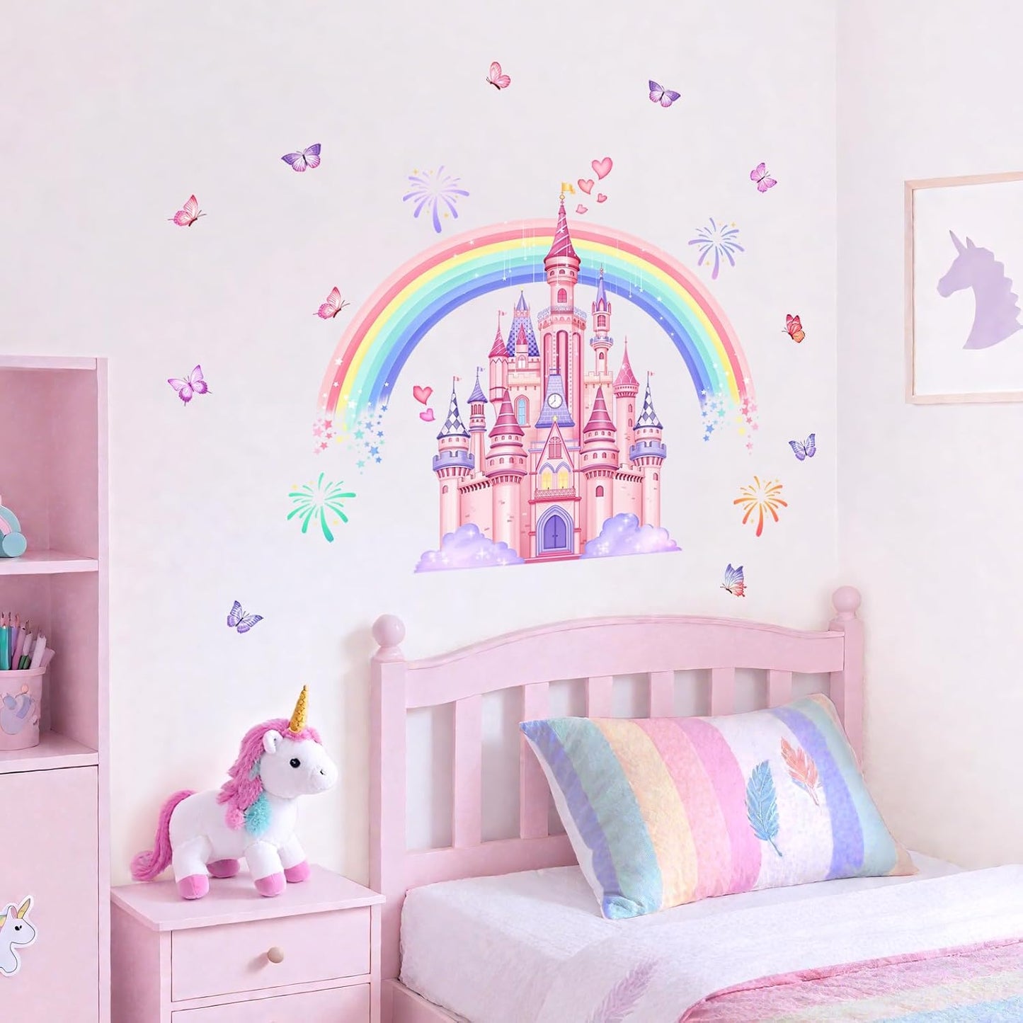 Rainbow Castle Wall Stickers, Watercolor Fireworks Butterflies Wall Decals Peel and Stick Wall Decal Self Adhesive Home Decor for Girls Nursery Kids Room