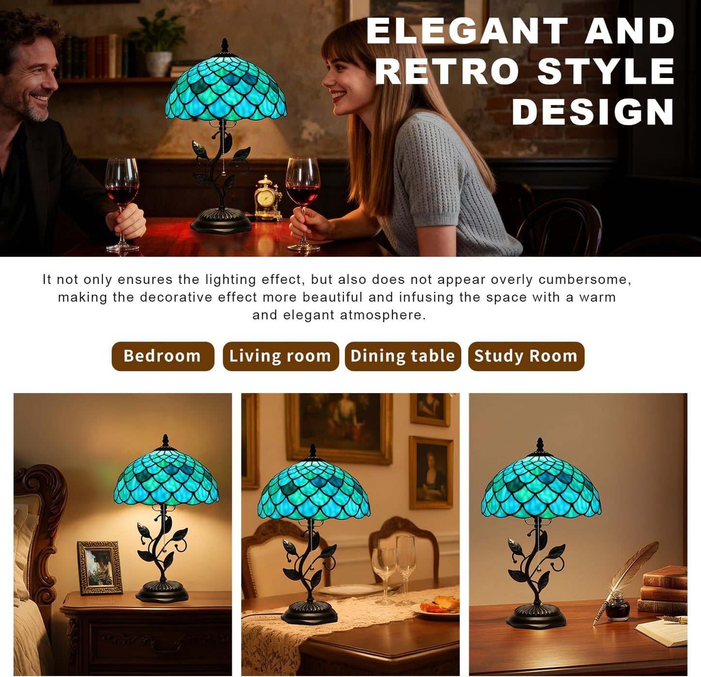 Tiffany Table Lamp, Stained Glass Lamp, 12x12x19 Inch, Metal Leaf Base Decor Lamp for Bedroom、Living Room、Home、Office(Blue Green Fish Scale Style)