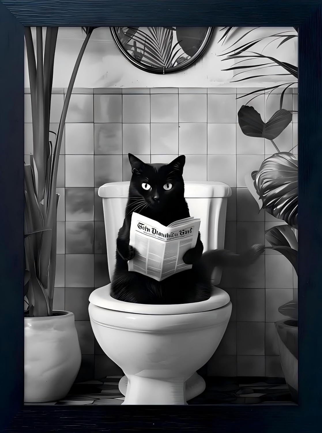 Funny Black Cat Bathroom Wall Decor, Black Cat Sitting on Toilet Reading Newspaper Wall Art, Humorous Cat Bathroom Decor, Black and White Minimalist Animal Canvas Wall Art for Restroom, Wood Framed 8x10