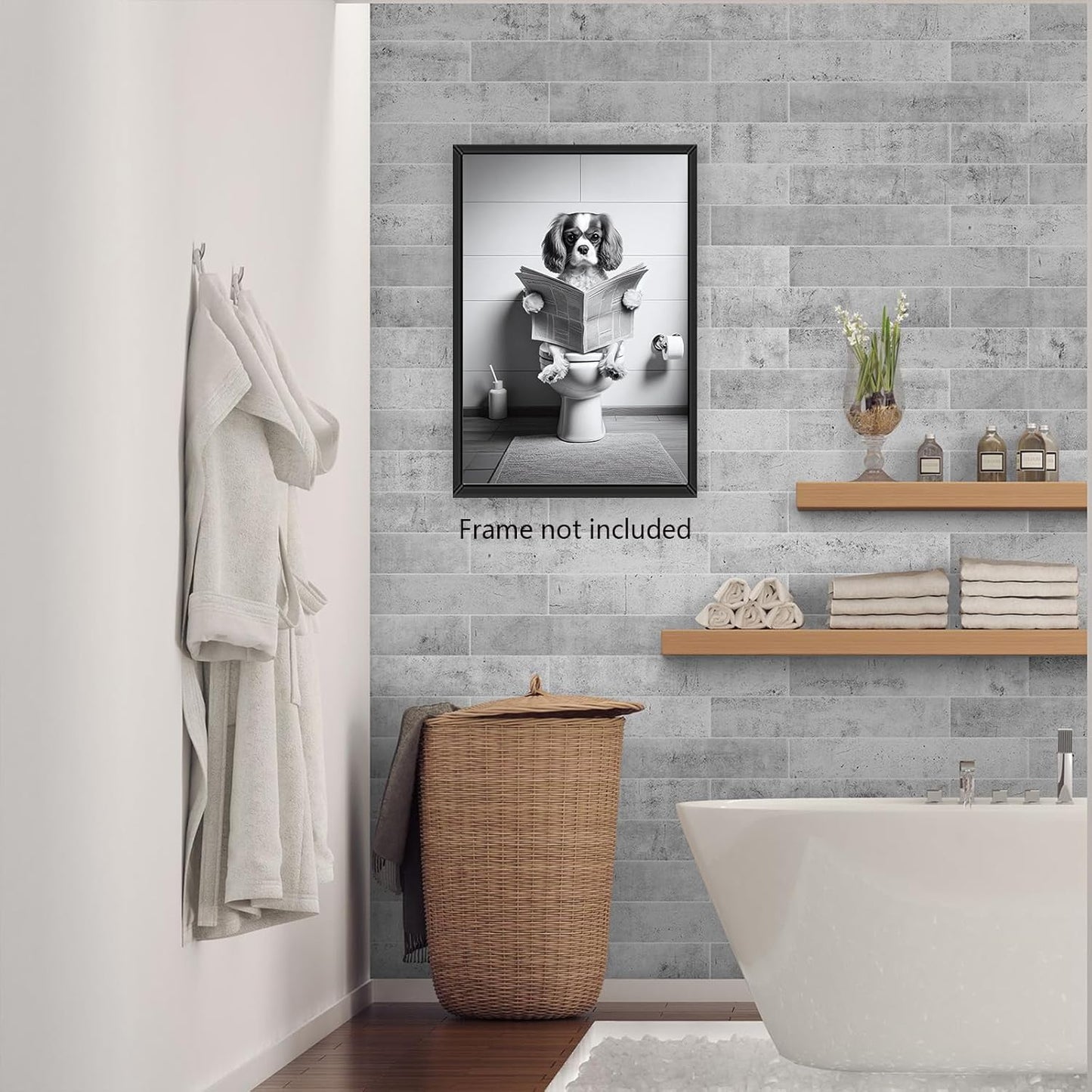 Funny Bathroom Dog Wall Art Black and White Animal Pictures Print Cavalier King Charles Spaniel Reading Newspaper Poster Artwork Decor 8x10in Unframed for Bathroom Restroom Home
