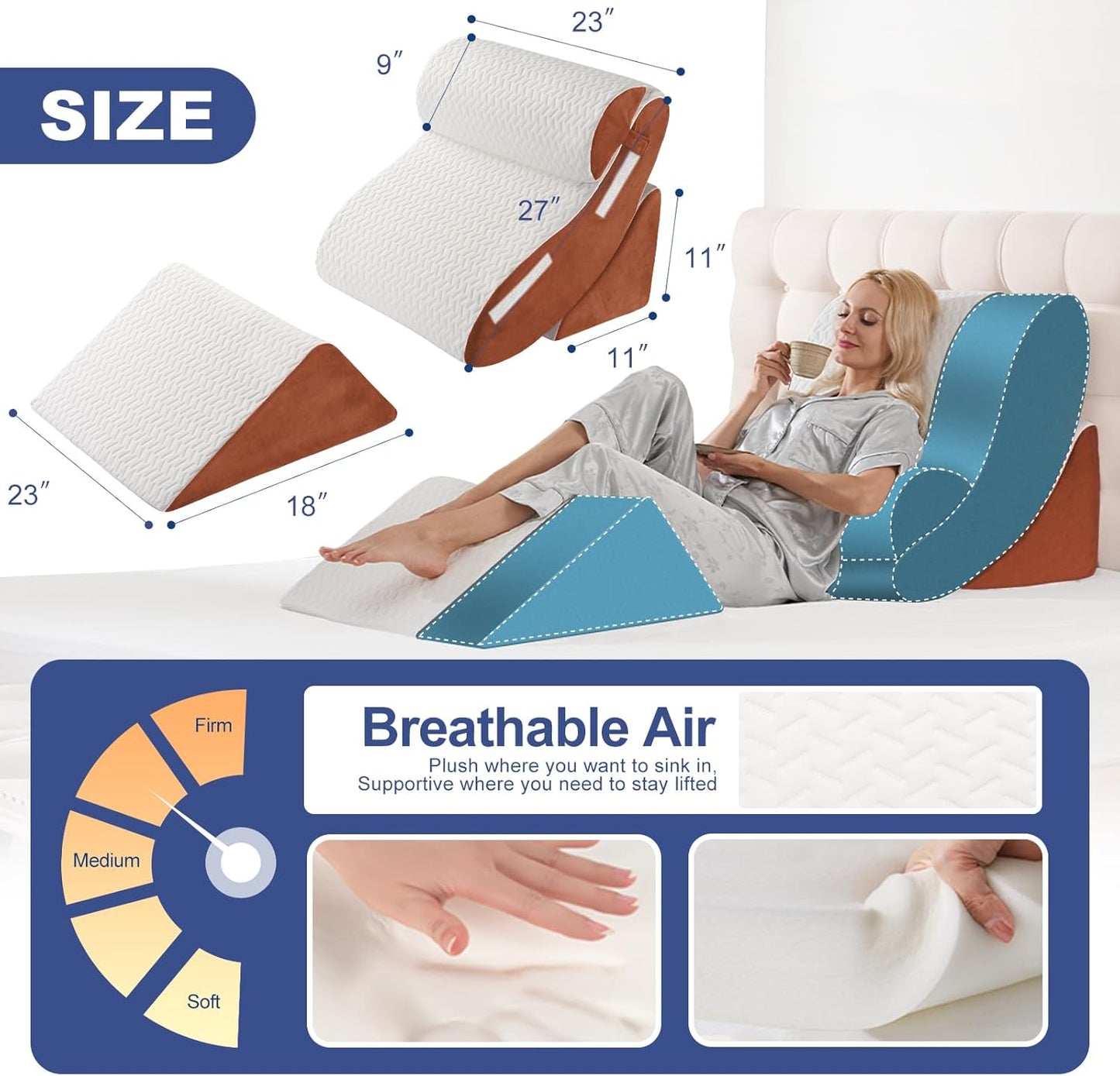 Orthopedic Bed Wedge Pillow Set 4PCS – Memory Foam Pillows for Sleeping, Post Surgery, Back Pain, Sitting Up in Bed, Acid Reflux, Snoring, Leg & Arm Support, White Brown