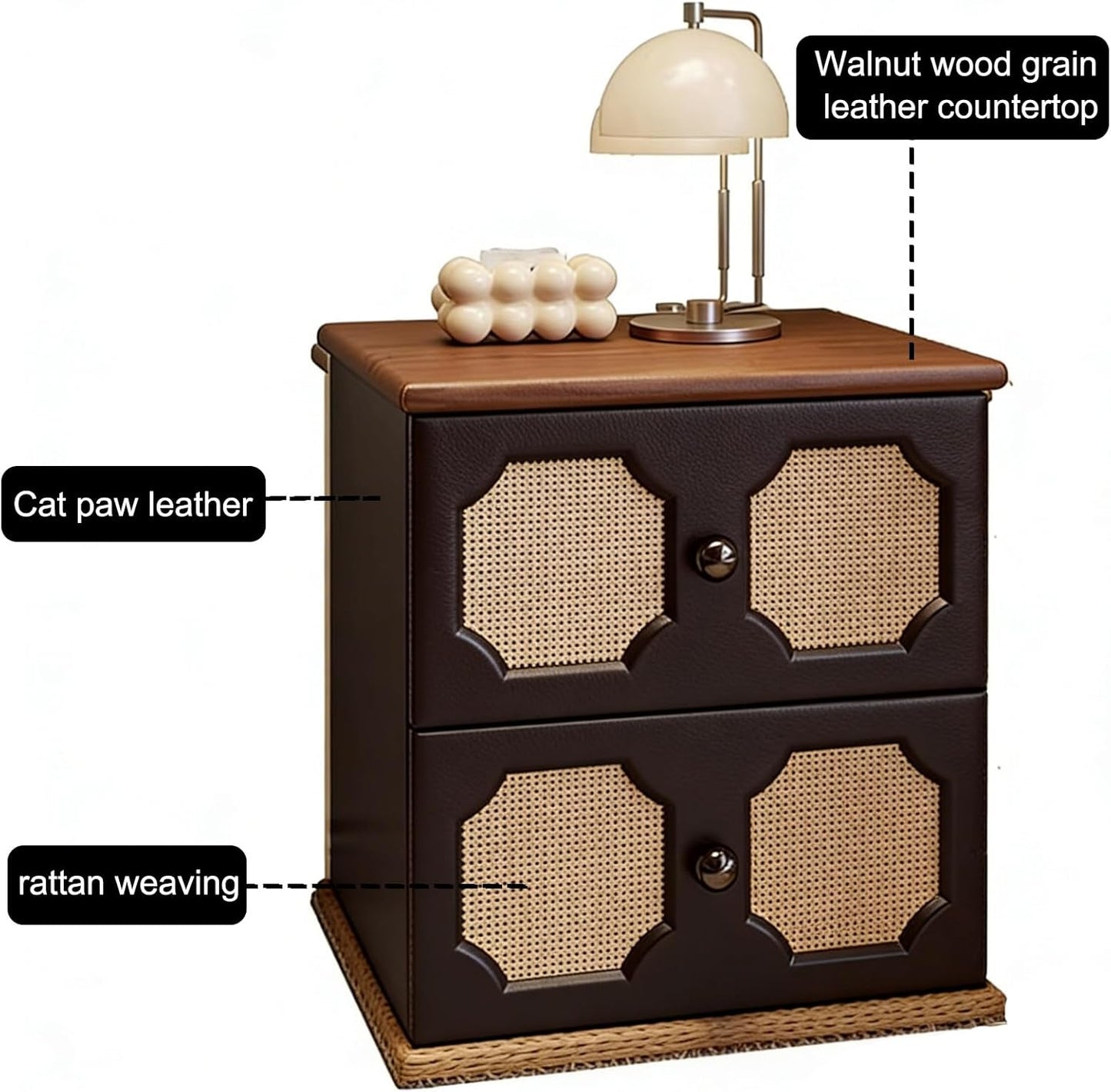 Rattan Night Stand, Solid Wood NightStand Mid-Century Vintage Bedside Table Leather Finish, Faux Wood Grain Countertop for Office/Living Room(Off-White,15.7x15x19.7in)