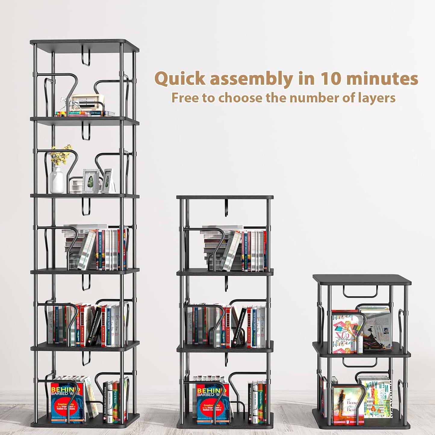 5 Tier Square Rotating Bookshelf Tower, Spinning Bookshelf, 360° Display Round Bookcase, Floor Standing Corner Revolving Bookshelf Organizer Storage Rack for Home Study Office, Small Spaces