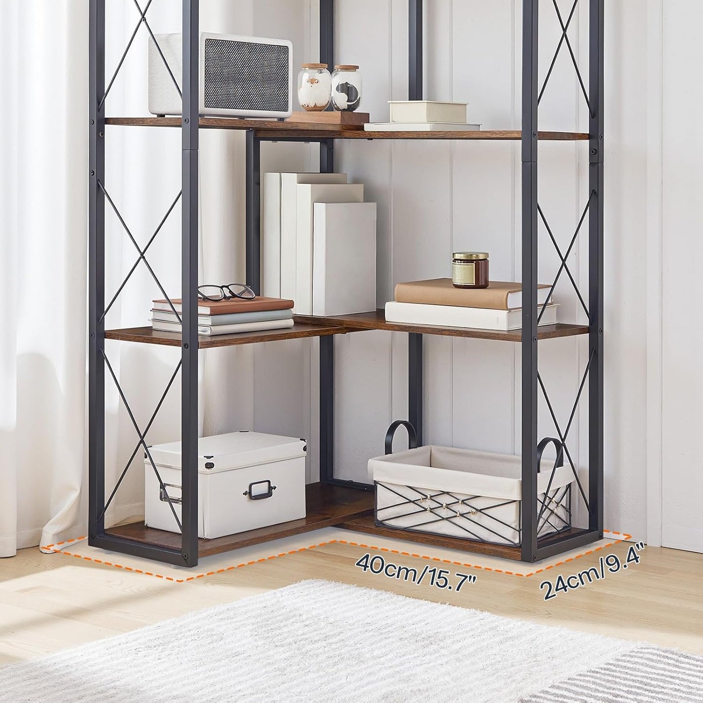 HOOBRO Corner Bookshelf, 5-Tier Industrial Corner Bookcase, Open Display Storage Rack, Vertical or L-Shaped, for Office, Living Room, Bedroom, Rustic Brown and Black BF66SJ01