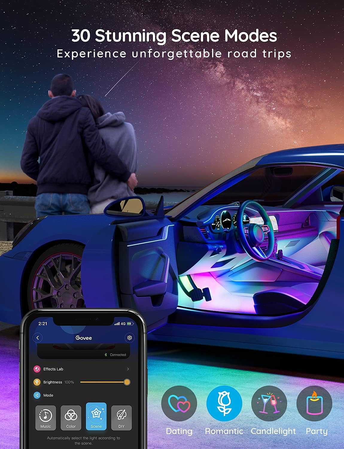 Govee Car LED Strip Lights, Smart RGBIC Interior Car Lights with APP Control, 4 Music Modes and 16 Million Colors, 2 Lines Design LED Lights for Car Decor, DC 12V