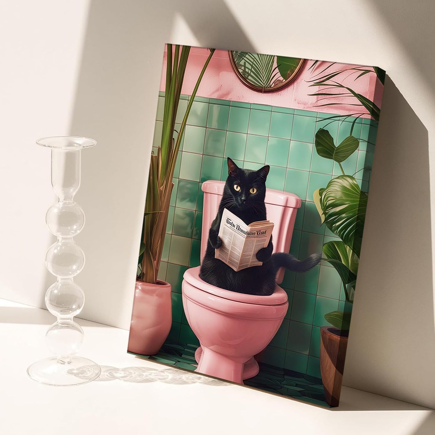 Funny Cat Bathroom Wall Art, Cute Black Cat Wall Decor Paintings, Whimsical Animal Reading Newspaper on The Toilet Poster Canvas Prints Aesthetic Picture 12x16 inch Framed