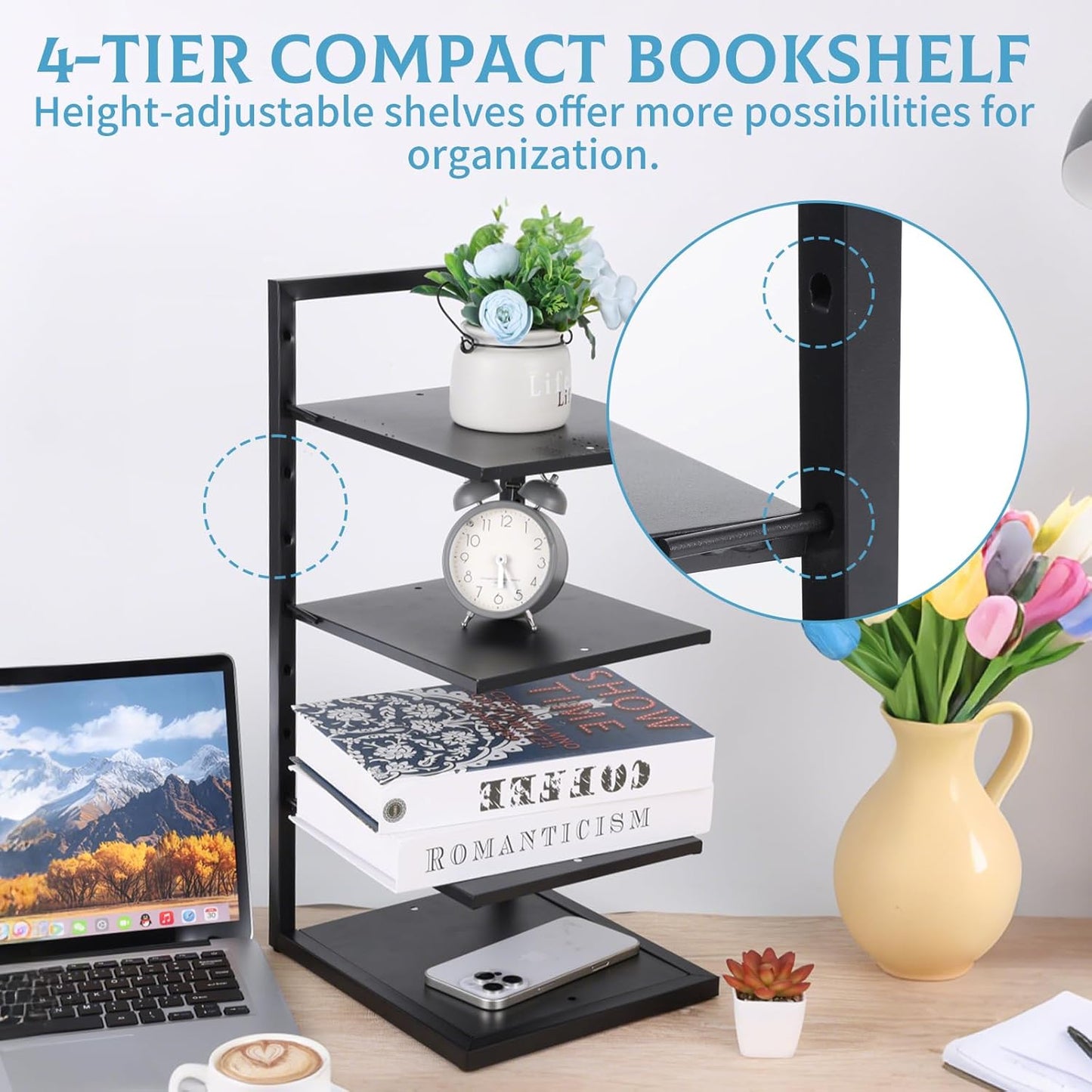 Rainmae 4-Tier Small Metal Bookshelf for Desktop, Adjustable Height Modern Bookcase, Space-Saving Book Storage Display Shelf Tabletop Organizer for Bedroom, Living Room, Office, Black