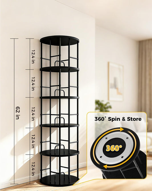 5-Tier Rotating Bookshelf Tower – 360° Spinning Bookcase, Stackable Narrow Storage Organizer, Tall Space-Saving Swivel Shelf for Corner, Bedroom, Living Room, or Office (Black)