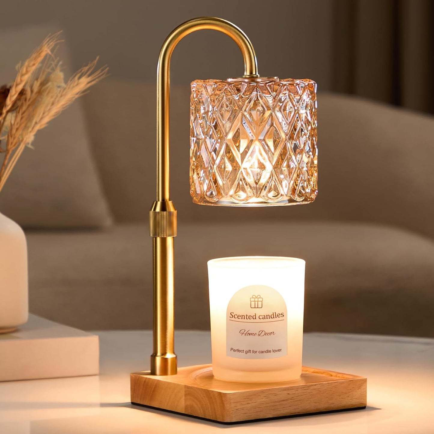 Hong-in Candle Warmer Lamp with Timer -Dimmable Adjustable Height,House Warming Gifts New Home,Vintage Home Decor with Elegant Amber Glass,Birthday Gifts for Women, Mom, Friend and Sister