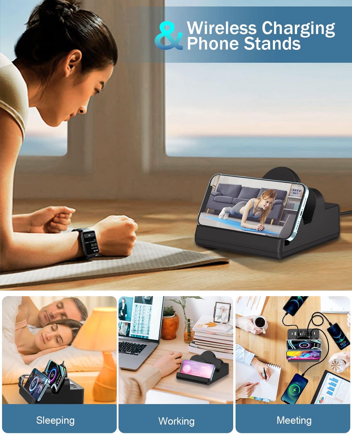 Wireless Charging Station with 6 USB Ports, 8 in 1 15W Dual Wireless Charger Station, 2 QC/2 PD USB Fast Charging Station, 80W Phone Charger for iPhone14/13/12/11/X/Samsung/Android/iWatch