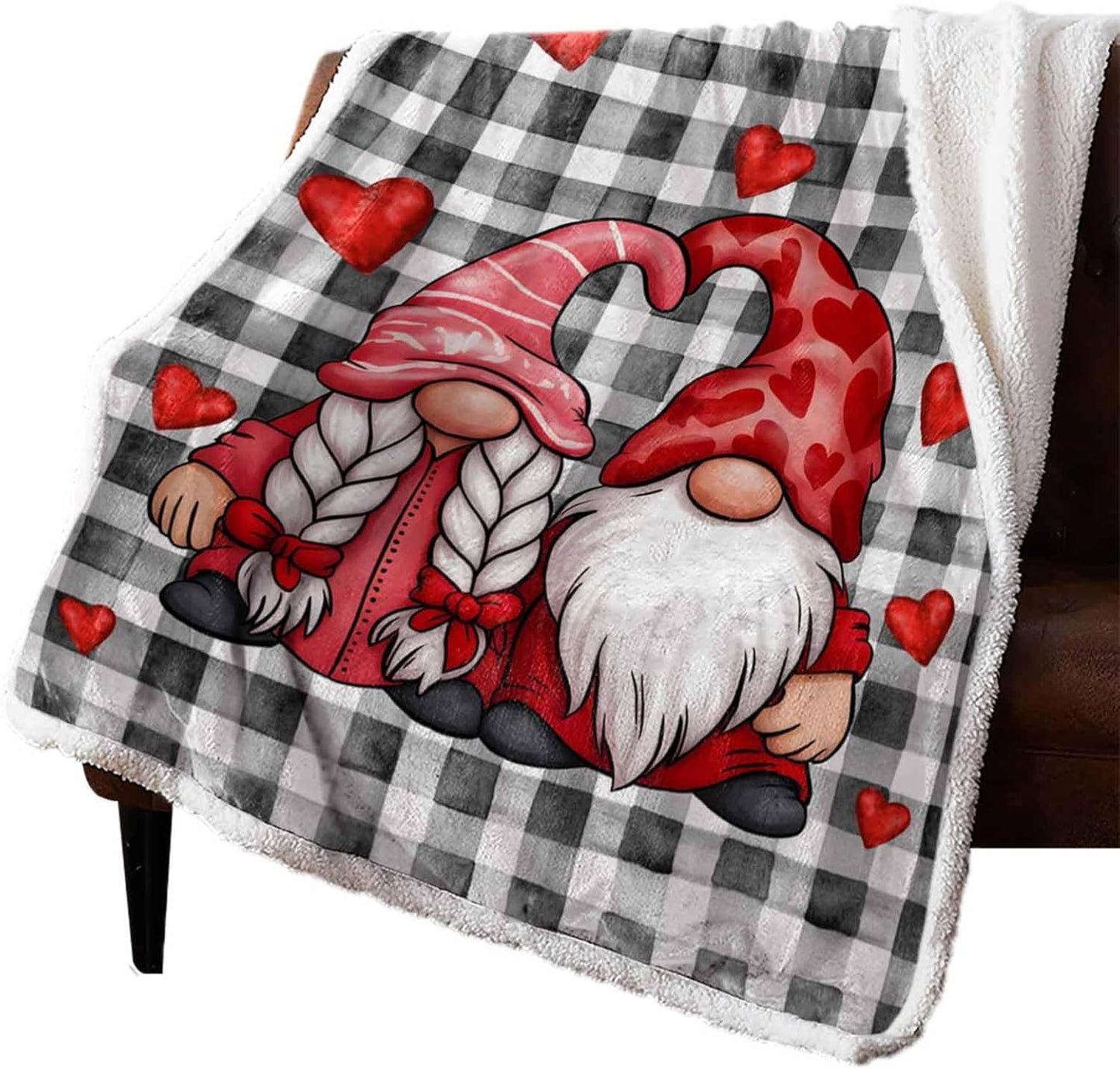 Valentines Throw Blanket Gnome Lover Sherpa Fleece Throws Blanket for Couch Sofa Bed Red Heart Black Check Plaid Blankets Fuzzy Cozy Soft Plush Thick Warm Blankets for Valentines Day Decor, 40x50 Inch