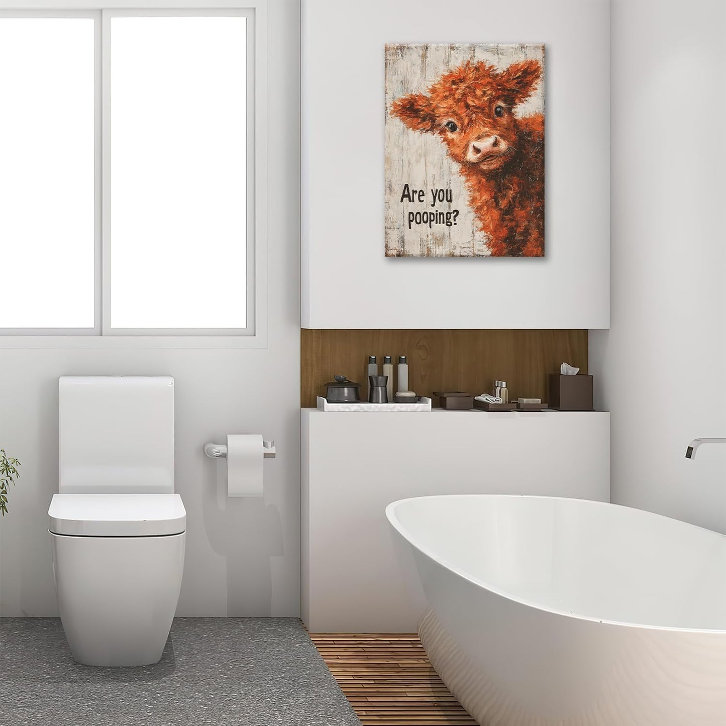 Funny Highland Cow Canvas Wall Art Are You Pooping Sign Poster Highland Cow Pictures Painting Modern Prints Framed Artwork for Toilet Bathroom Washroom Wall Decor 12"x16"