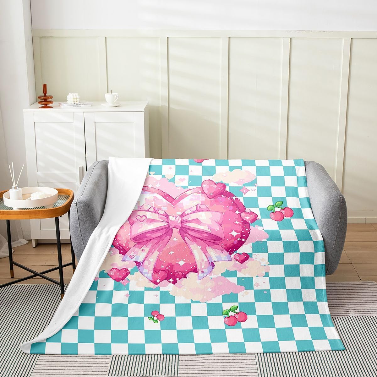 Castle Fairy Bowknot Love Kids Flannel Blanket,Checkered Cherries Pattern Bed Blanket,Kawaii Pastel Aesthetic Girls Boys Sofa Decor,Pink Green Fuzzy Blanket,Baby Size (30 x 39 Inches)