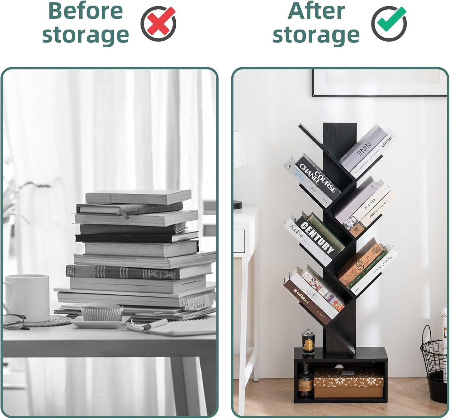 Yoobure Tree Bookshelf, 6 Tier Small Book Shelf Retro Floor Standing Bookcase, Wood Book Storage Organizer Rack, Tall Narrow Bookshelves for Corner/Bedroom/Living Room/Home Office, Black