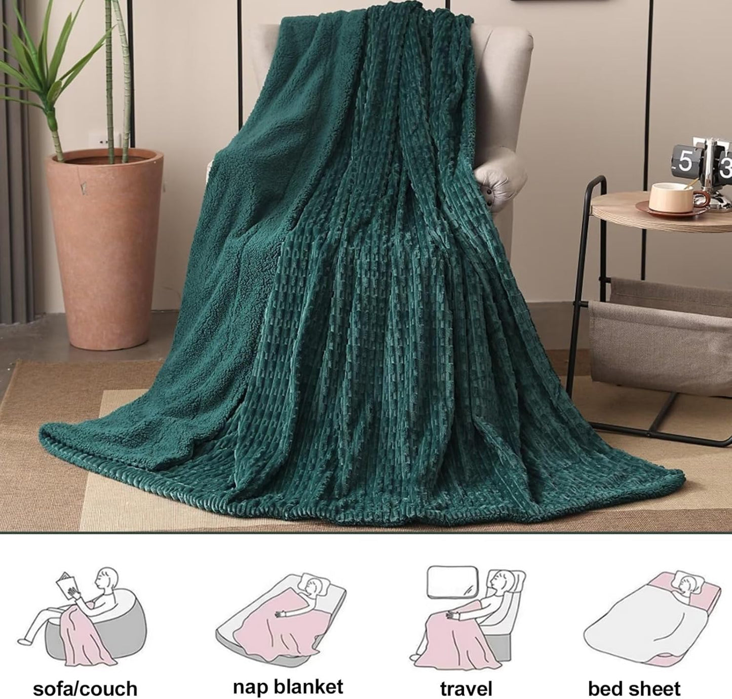 Sherpa Fleece Throw Blanket for Couch, Cozy Soft Warm Reversible Blankets for Bed and Sofa, 3D Jacquard Thick Fuzzy Plush Decorative Throw Blanket for All Seasons, Green, 50x60 Inches