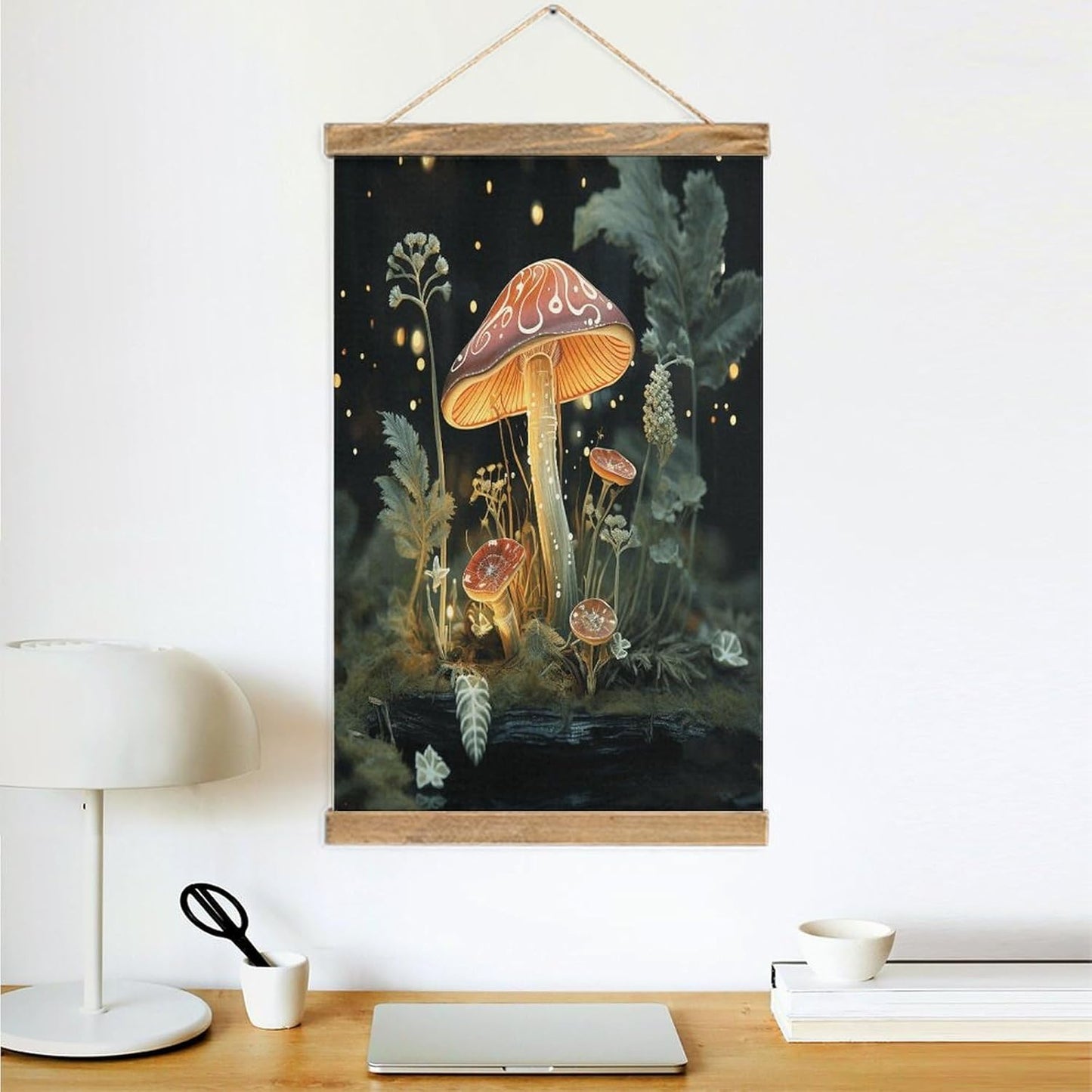 Vintage Butterfly Mushroom Poster with Wooden Frame Personalized Linen Hanging Scroll Painting Rustic Wall Hanging Illustrative Modern Artwork Decor for Home Living Room Bedroom Office