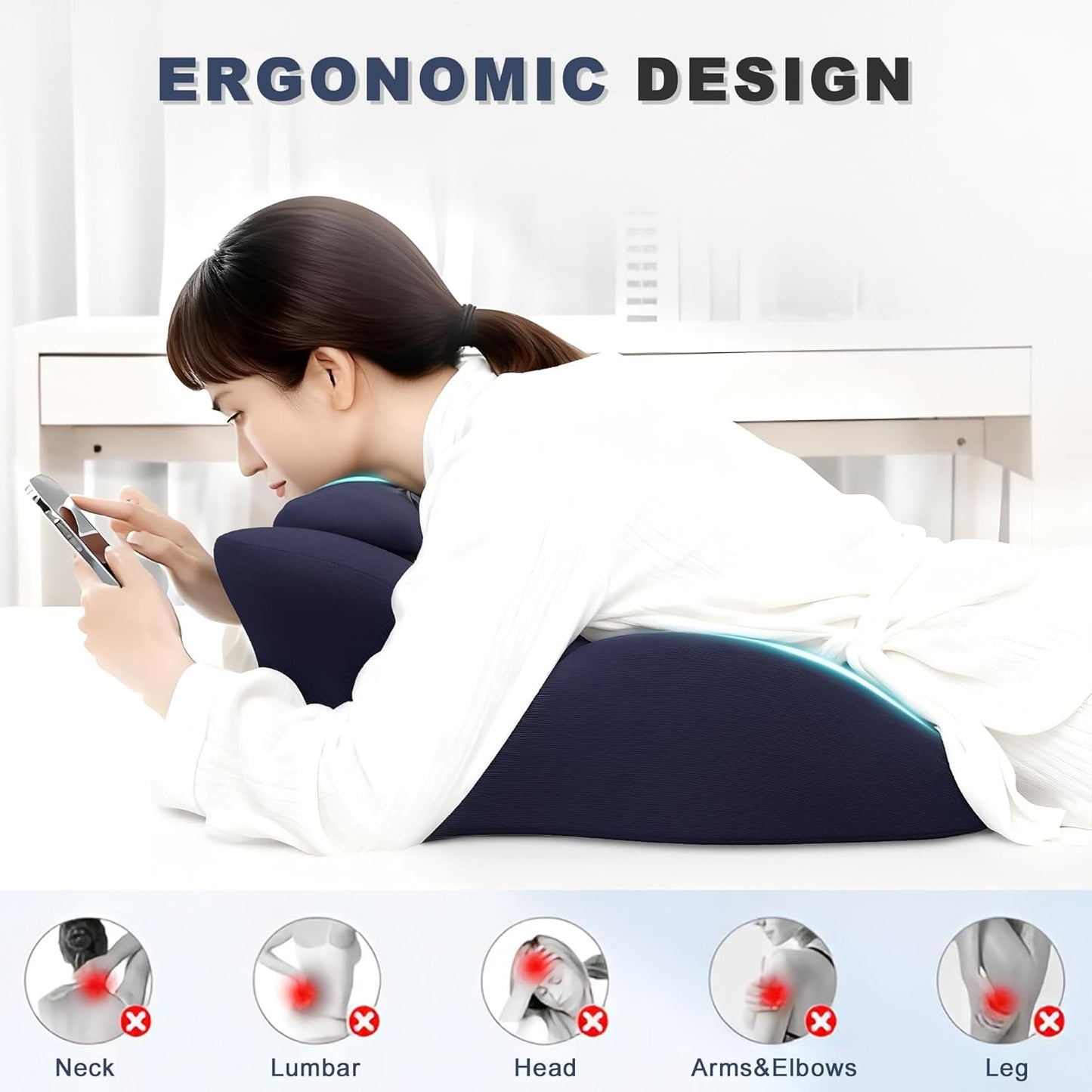 Memory Foam Ergonomic Wedge Pillow, Prone Pillow for Sleeping, Reading Pillow for Bed, Ergonomic Support for Back Pain & Sitting Up, Ideal for Massage, with Removable Cover