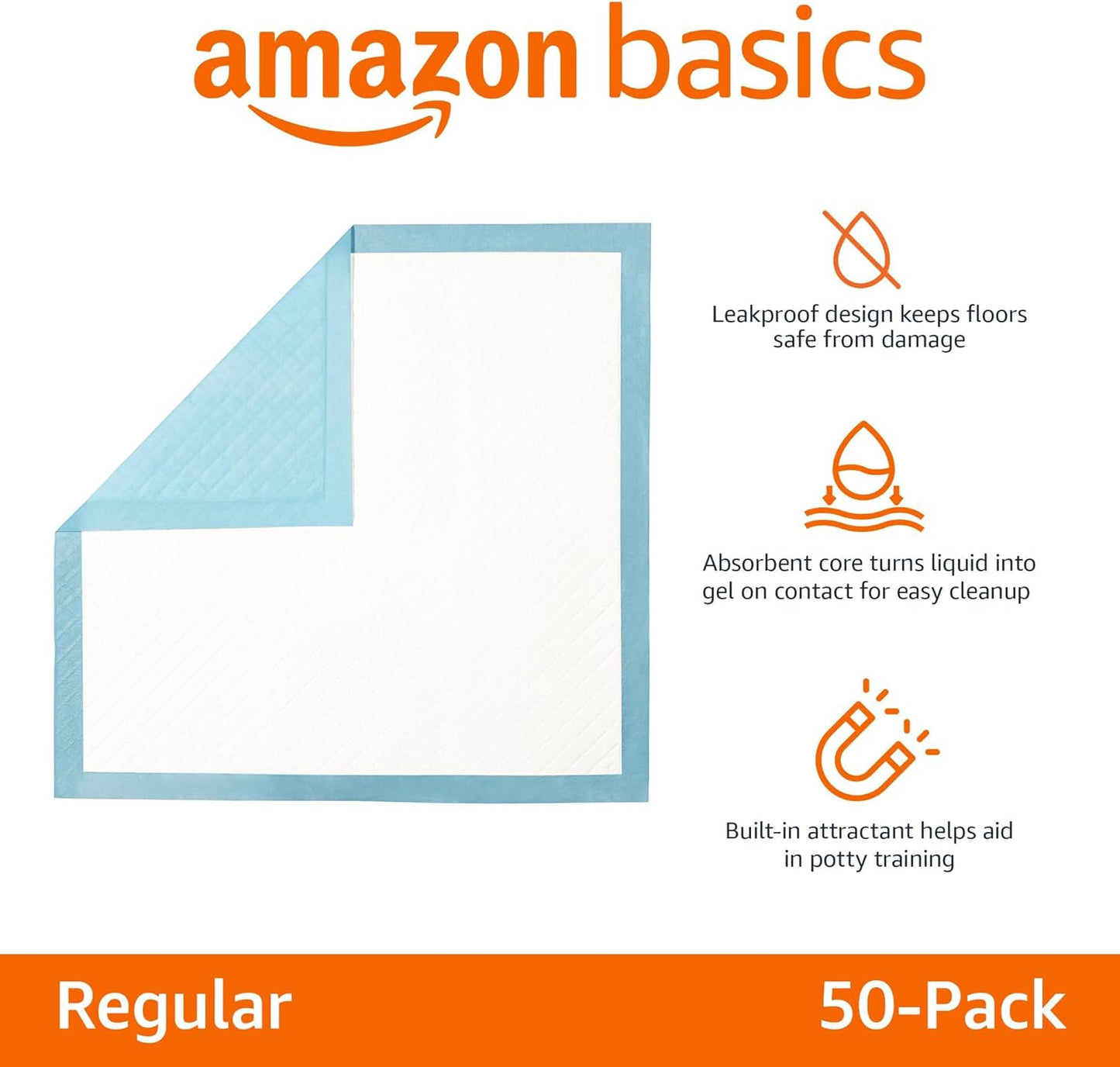 Amazon Basics Heavy Duty Dog and Puppy Pee Pads, Leak-Proof 5-Layer Super Absorbent, Quick-Dry Surface for Potty Training, Regular Size, 24x23", Blue & White, 50 Count