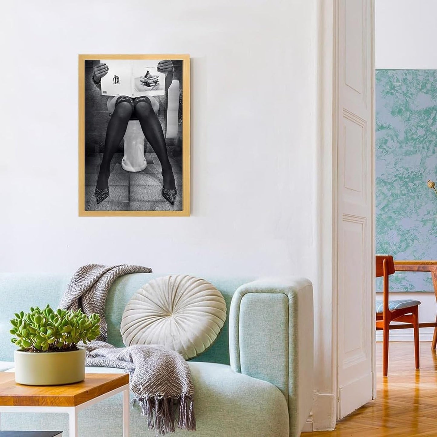Rucatto Woman Reading Newspaper in Toilet Painting Art Poster Wall Art Paintings Canvas Wall Decor Home Decor Living Room Decor Aesthetic 08x12inch(20x30cm) Wooden Frame-style