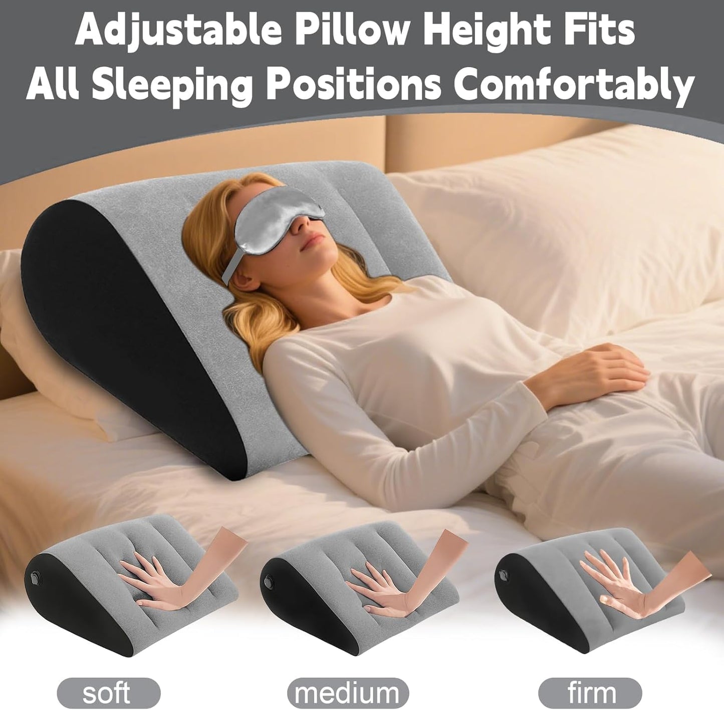 TheClover Inflatable Wedge Pillow for Sleeping & Travel - Portable Leg Elevation Pillow with Eye Mask, Adjustable Bed Wedge for Acid Reflux,Camping, Car, Office,Airplane (Grey)