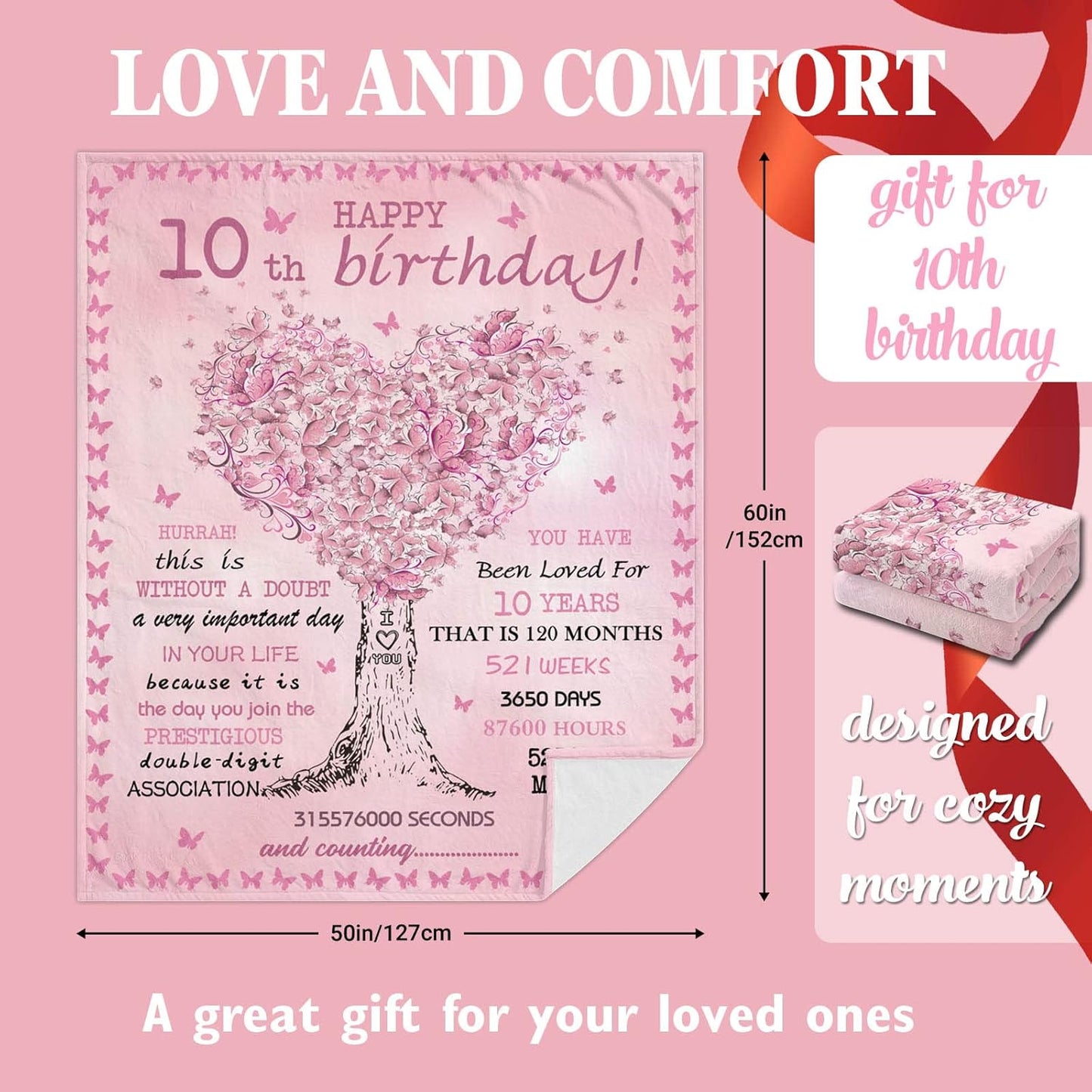 10 Year Old Girl Birthday Gifts, 10th Birthday Decorations for Girl, Best Double Digits Birthday Gifts for 10 Year Old Girls, Teen Girl Gifts Throw Blankets 50"X60"
