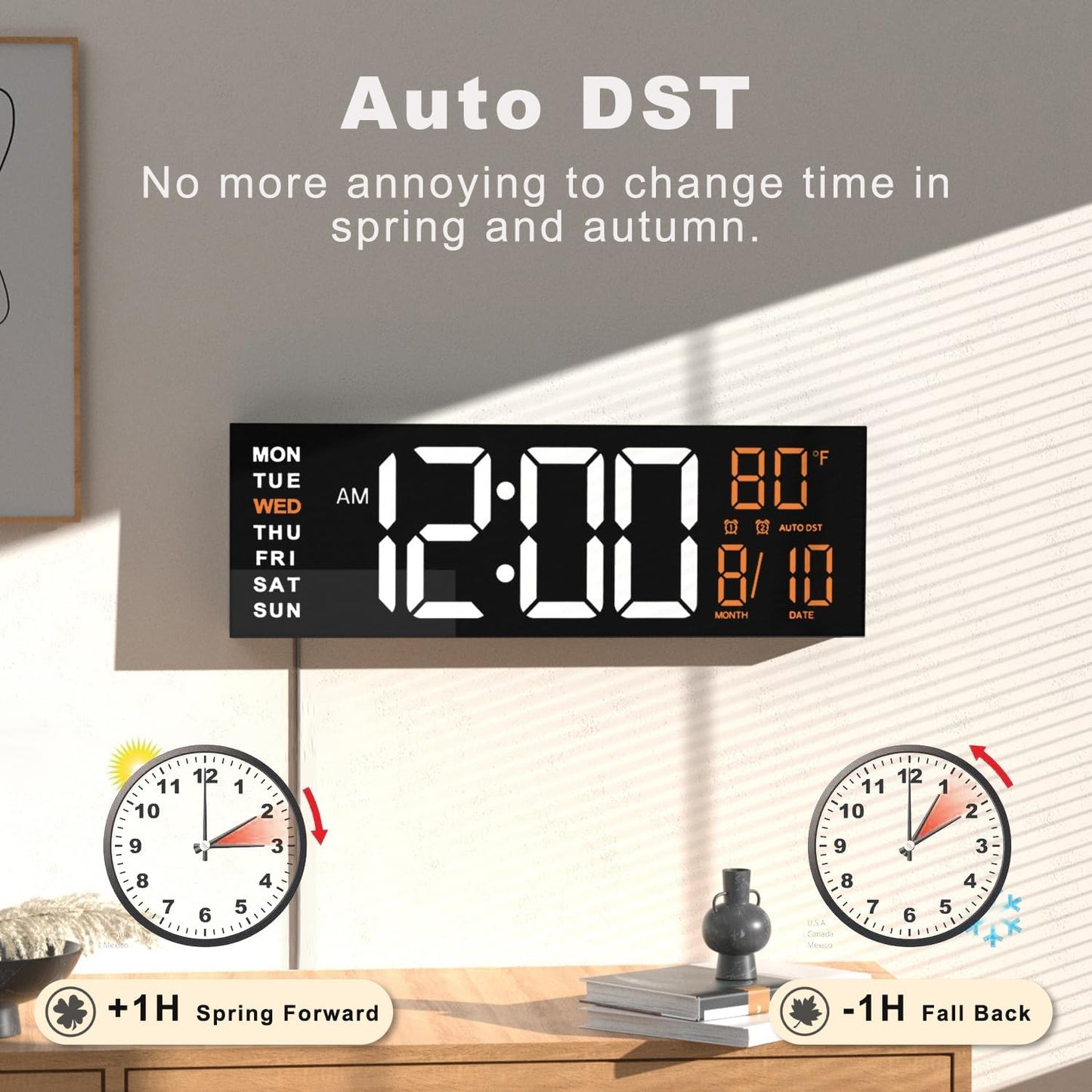 JALL 13" Large Digital Wall Mount Clock, Count Down Timer, Alarm, Big LED, DST, Temperature for Living Room Classroom Desk, Xmas, Birthday Gift for Senior Mom Dad, RGB