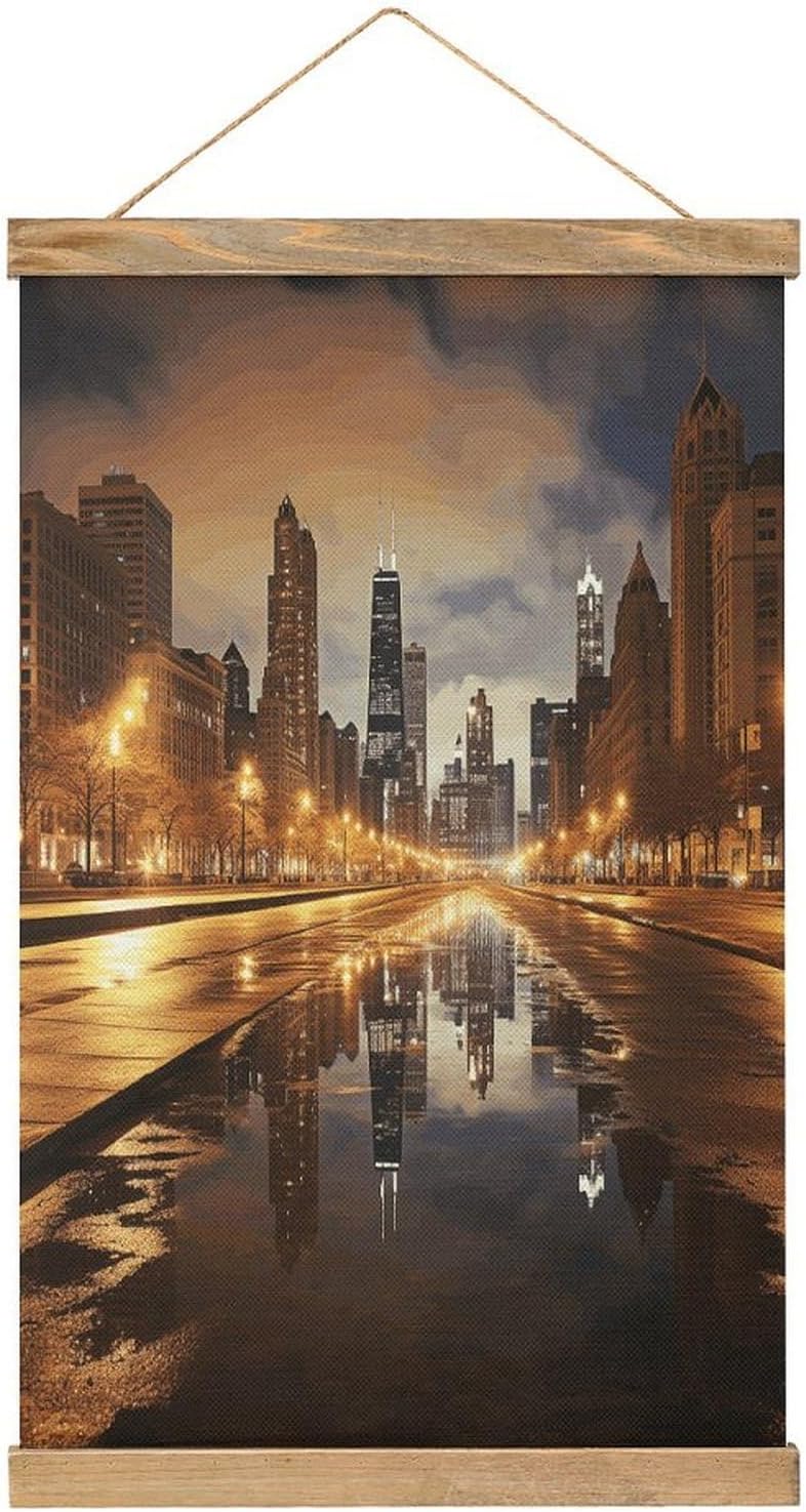 Vintage Chicago Poster with Wooden Frame Personalized Linen Hanging Scroll Painting Rustic Wall Hanging Illustrative Modern Artwork Decor for Home Living Room Bedroom Office