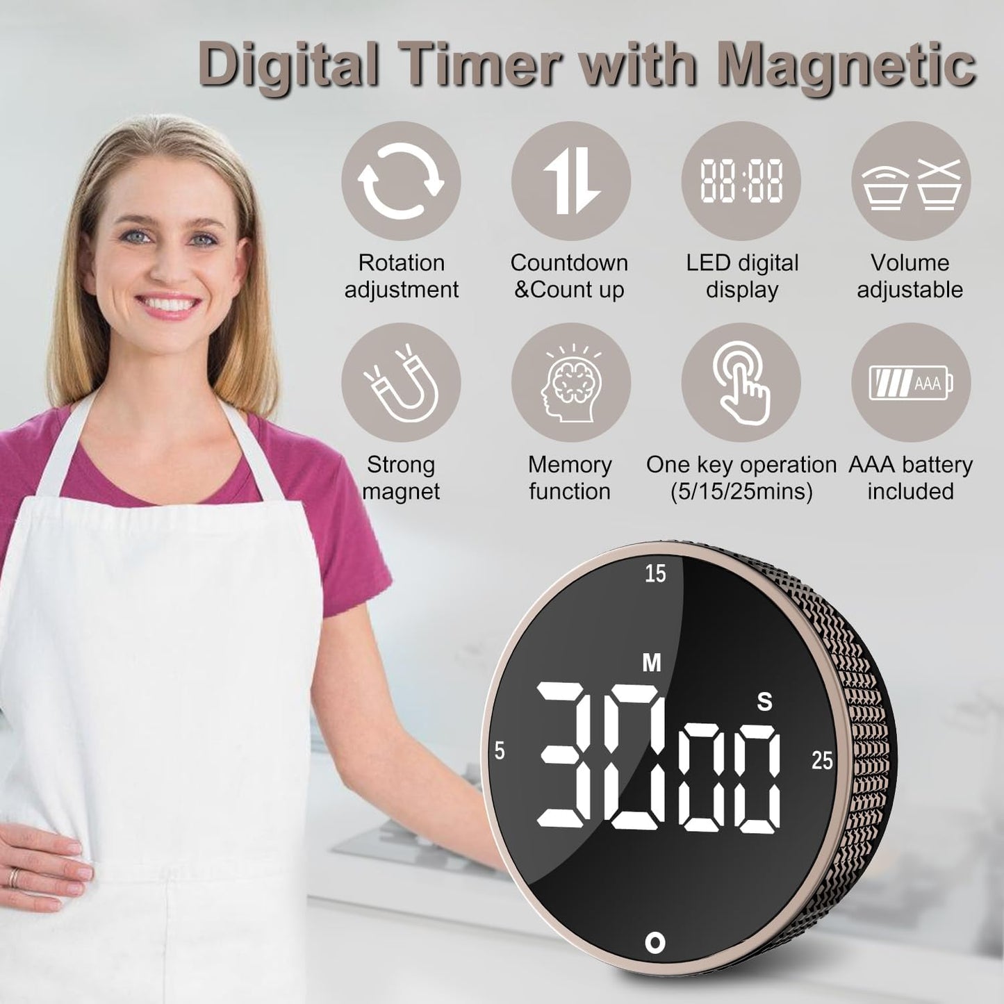 Digital Kitchen Timer with LED Display, 99 Minutes Rotating Pomodoro Timer for Classroom, Fitness, Office, Magnetic Countdown & Countup Time Management Tool.