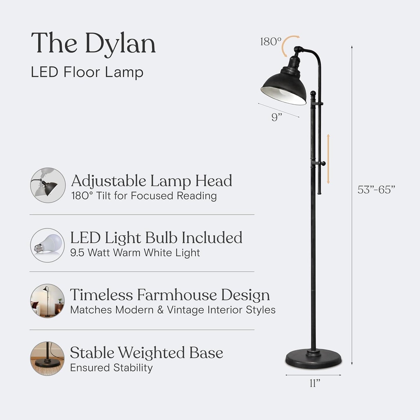 Brightech Dylan Industrial Floor Lamp for Living Rooms & Offices, Bright LED Light – Charming Farmhouse Standing Lamp, Adjustable Head Reading for Bedroom, Stunning Living Room Decor