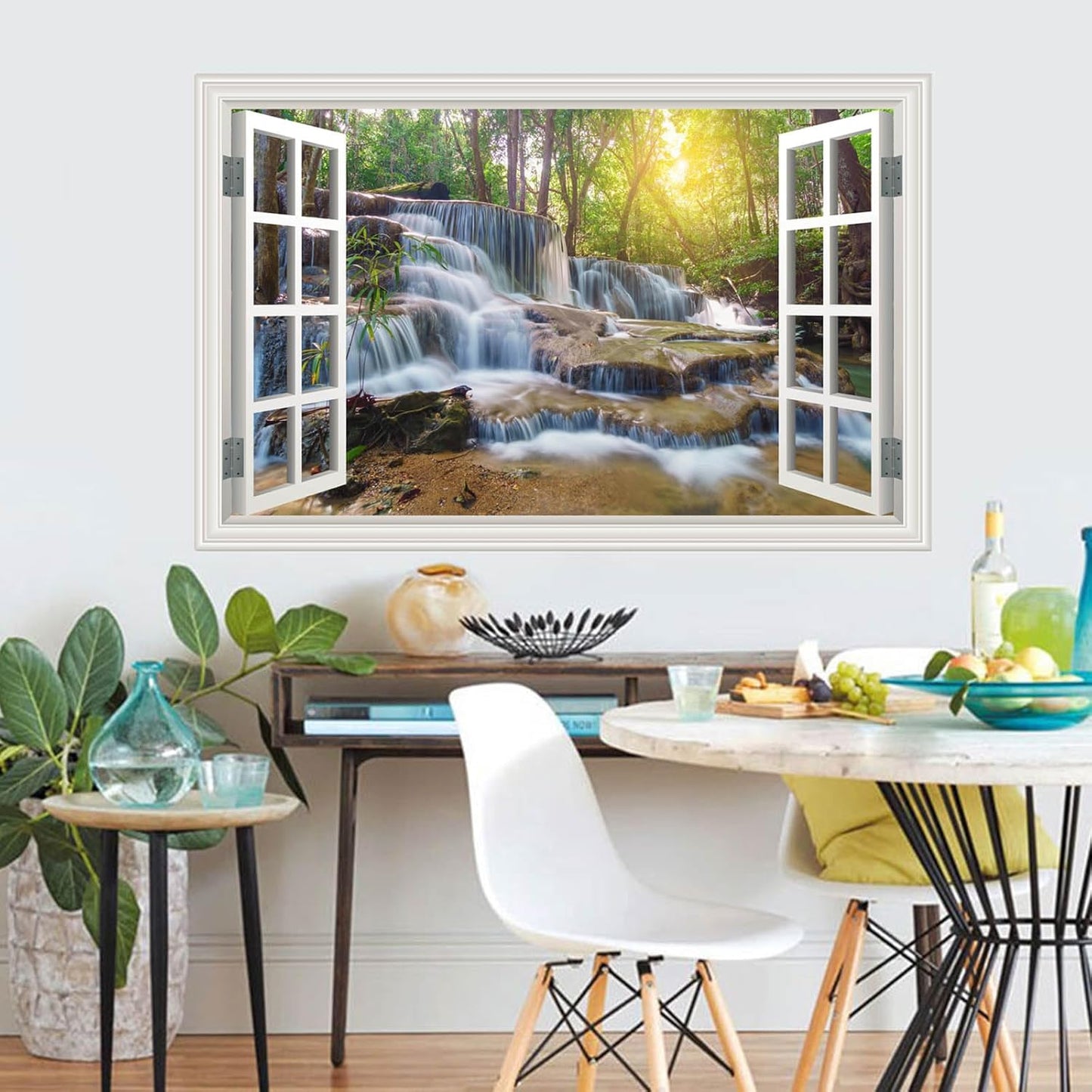 Fake Window Wall Mural Sticker Forest Tree Jungle Waterfall Faux Window Poster Decal Picture Open Wall Art Decor, Stick and Peel Landscape Natural Scenery Scene（48"x32",Set of 2 Sheets）