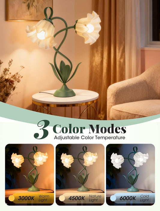 Flower Desk Lamp, Vintage Bedside Table Lamp for Bedroom, Flexible LED Reading Light with 3 Color Modes and Clamp, Unique Aesthetic Home Living Room Decor Dorm Essentials Valentines Day Gifts(Green)