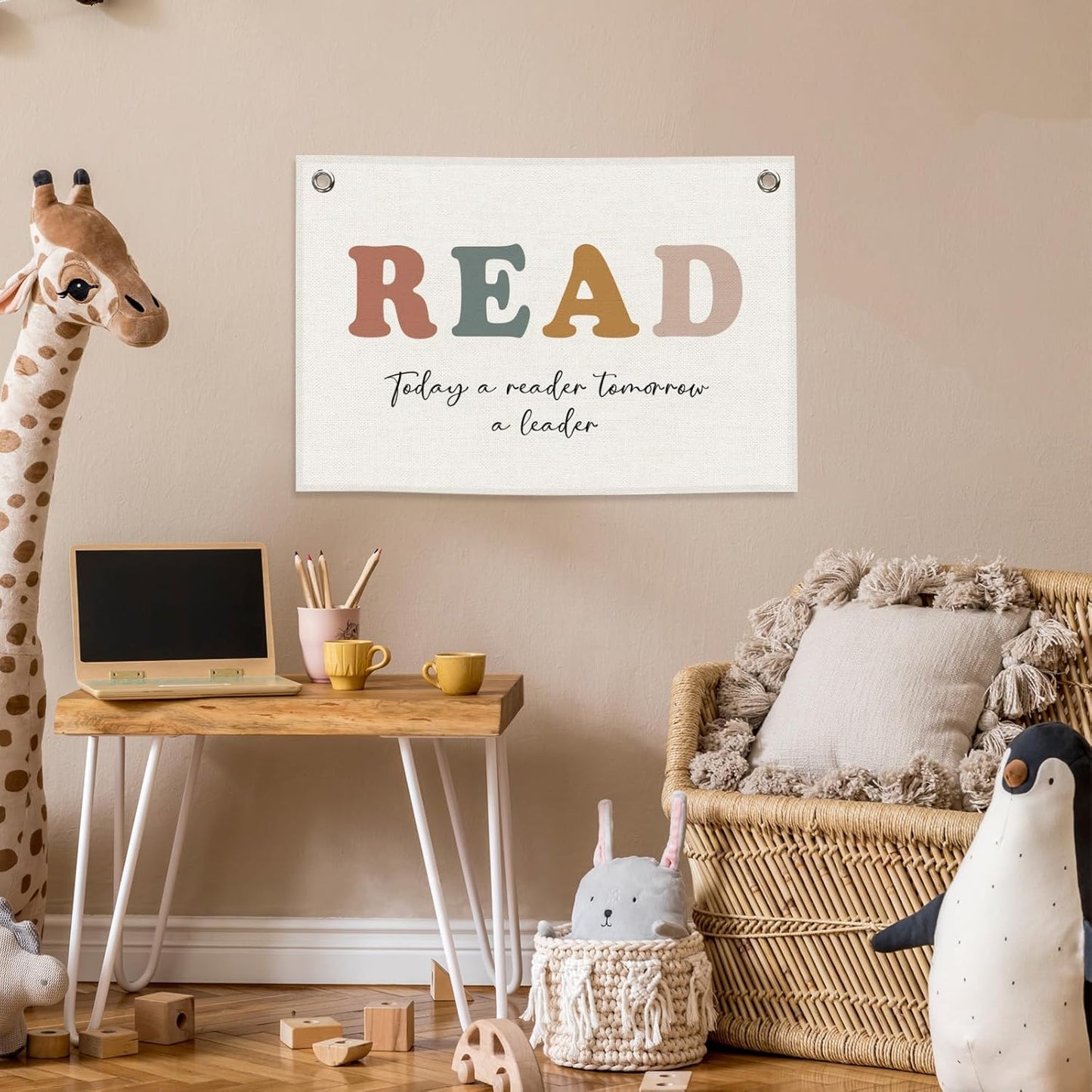 Read Banner, Boho Reading Kids Room Decor for Book Lovers Library, Nursery Today A Reader Tomorrow A Leader Canvas Flag Wall Hanging Decor Art for Playroom Toddler Room Reading Nook 20x30in