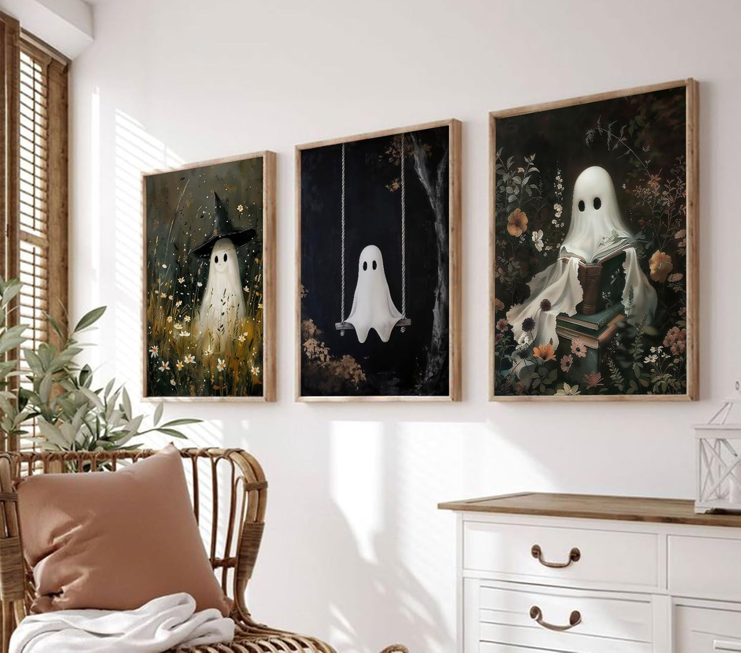 RERNIE et of 3 Ghost Wall Art Witch Poster Halloween Bathroom Decor, Gothic Dark Academia Canvas Wall Art, Funny Bathroom Pictures, Spooky Horror Home Decor 12x16 Inch Unframed