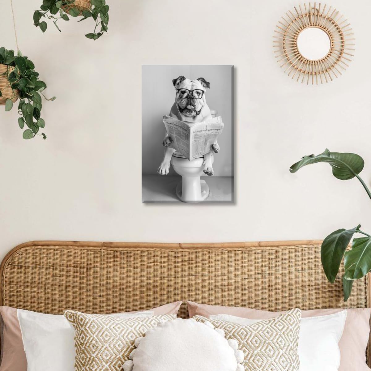 Funny Bathroom Wall Art Pitbull Sitting on Toilet Reading Newspaper Poster Black and White Animal Aesthetic Canvas Prints for Living Room Bedroom Wall Decor12x18inch Unframed