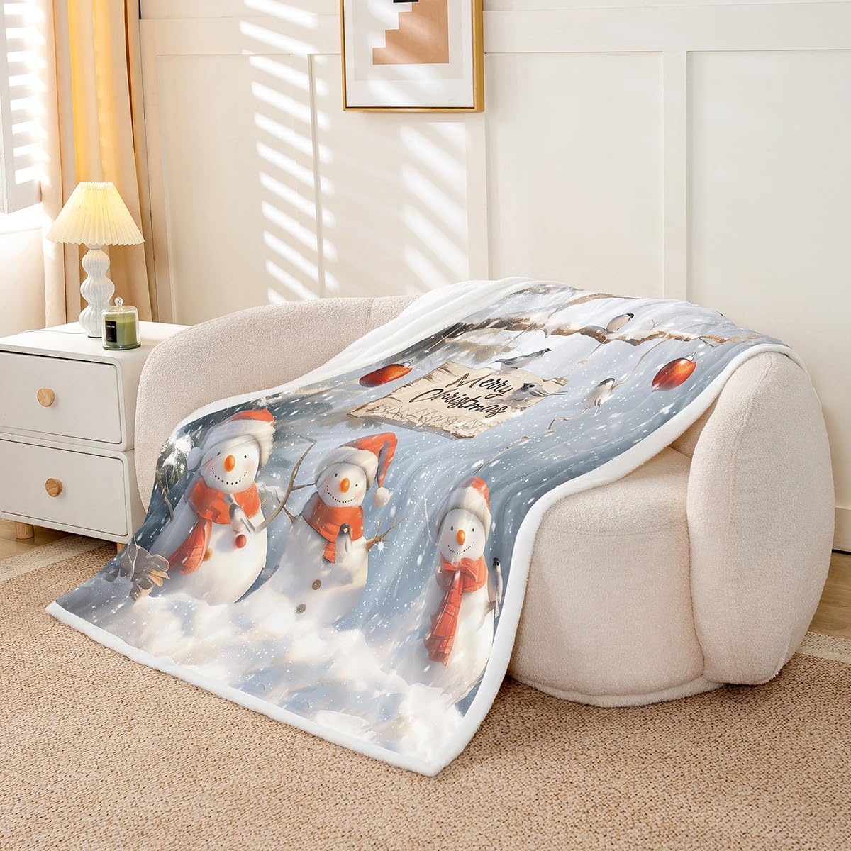 Feelyou Kids Merry Christmas Fleece Throw Blanket Queen 90"x90" Xmas Snowman Plush Blanket Boys Girls Teens Falling Snowflake Snow Sherpa Blanket Winter Holiday Theme Fuzzy Blanket