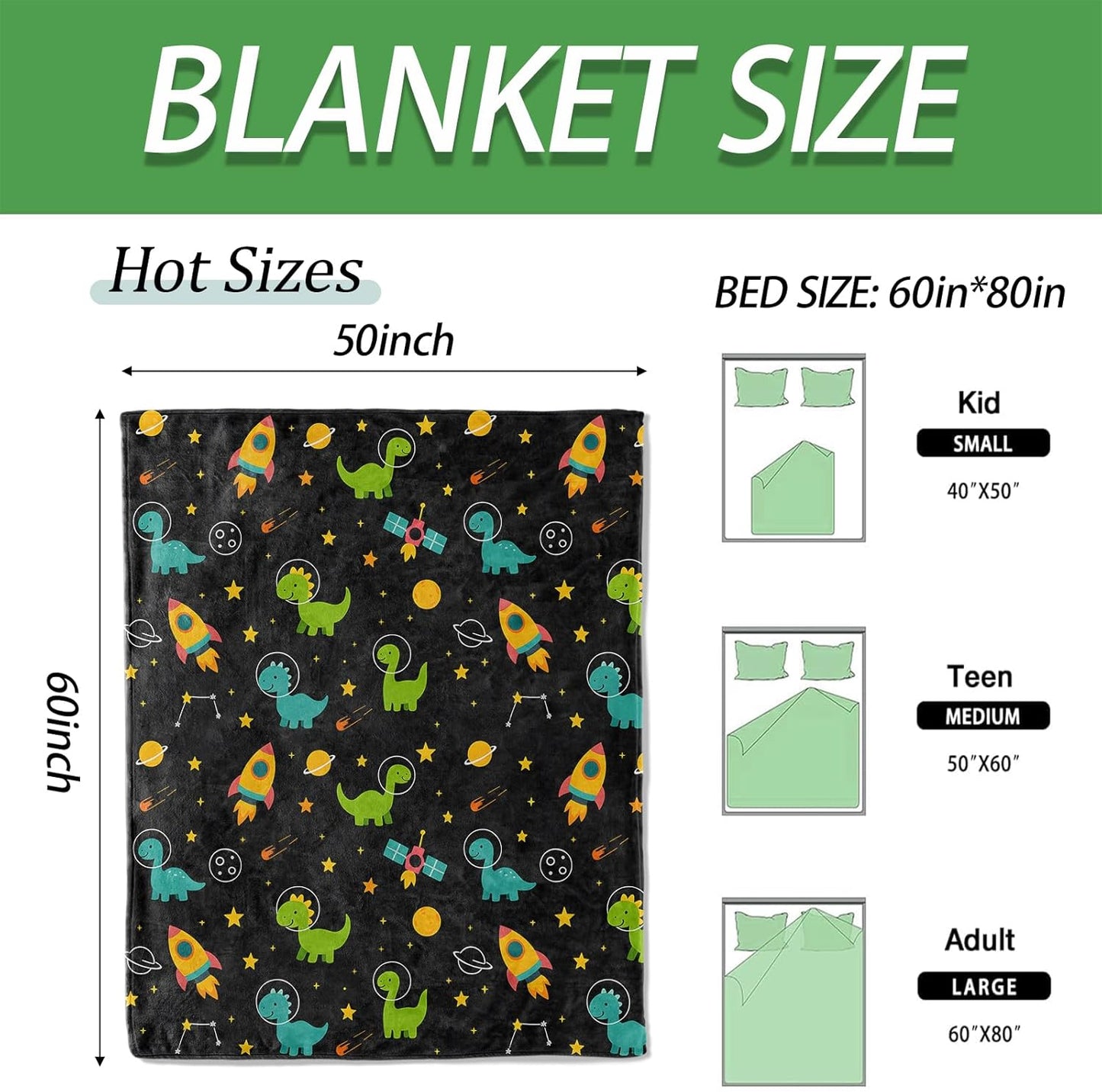 Cute Dinosaur Throw Blanket, Warm Flannel Blankets Space with Rocket Star and Planet, Fun Cartoon Decor and Gifts, Soft Cozy Throws, 50"X60" for Bedroom Couch Travel Office