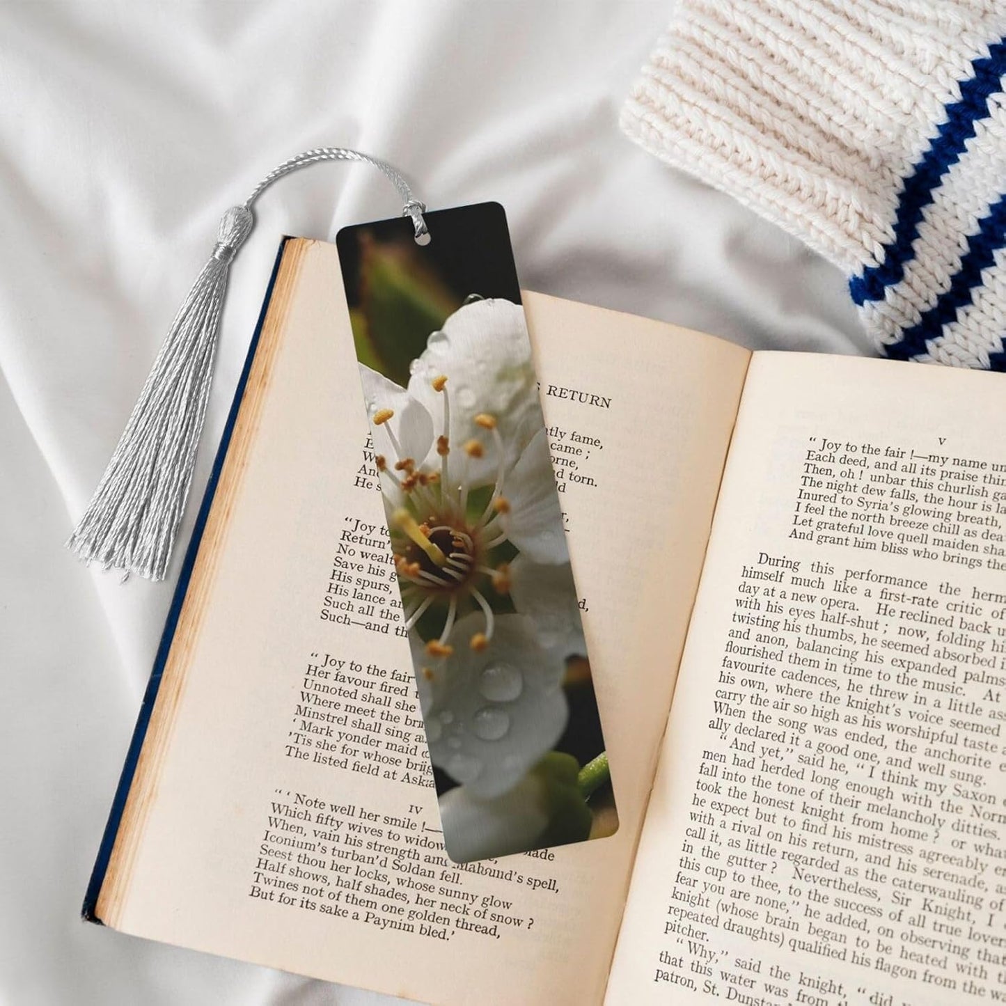 White Pear Blossom Bookmarks Gifts for Women Men, Wooden Bookmarks for Book Lovers, Vintage Book Marks Ornaments with Tassel, Unique Personalized Reading Page Markers Gray